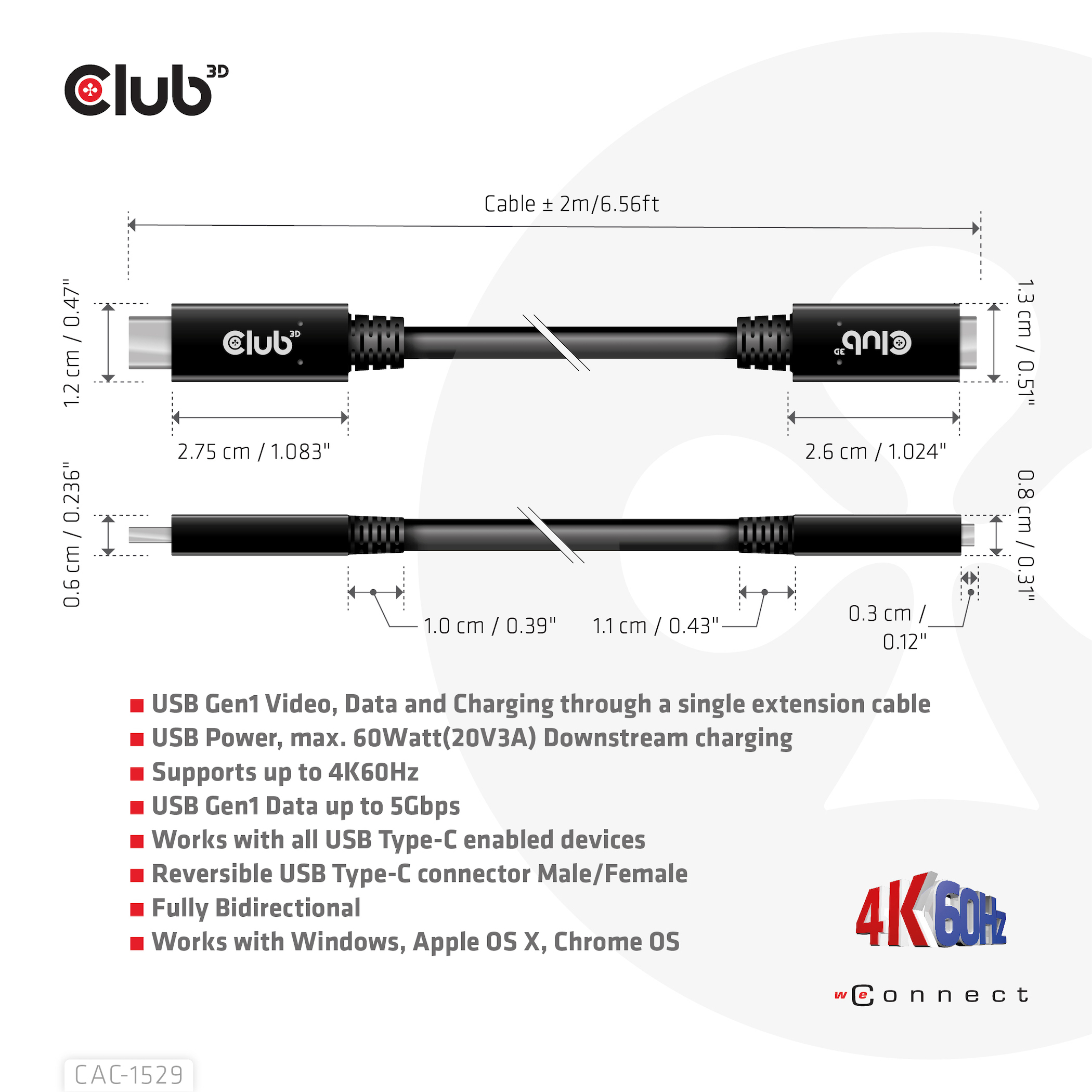 Un cavo USB-C nero con misure. Ha due connettori USB-C. Il testo mostra funzionalità come 4K60Hz e alimentazione USB.