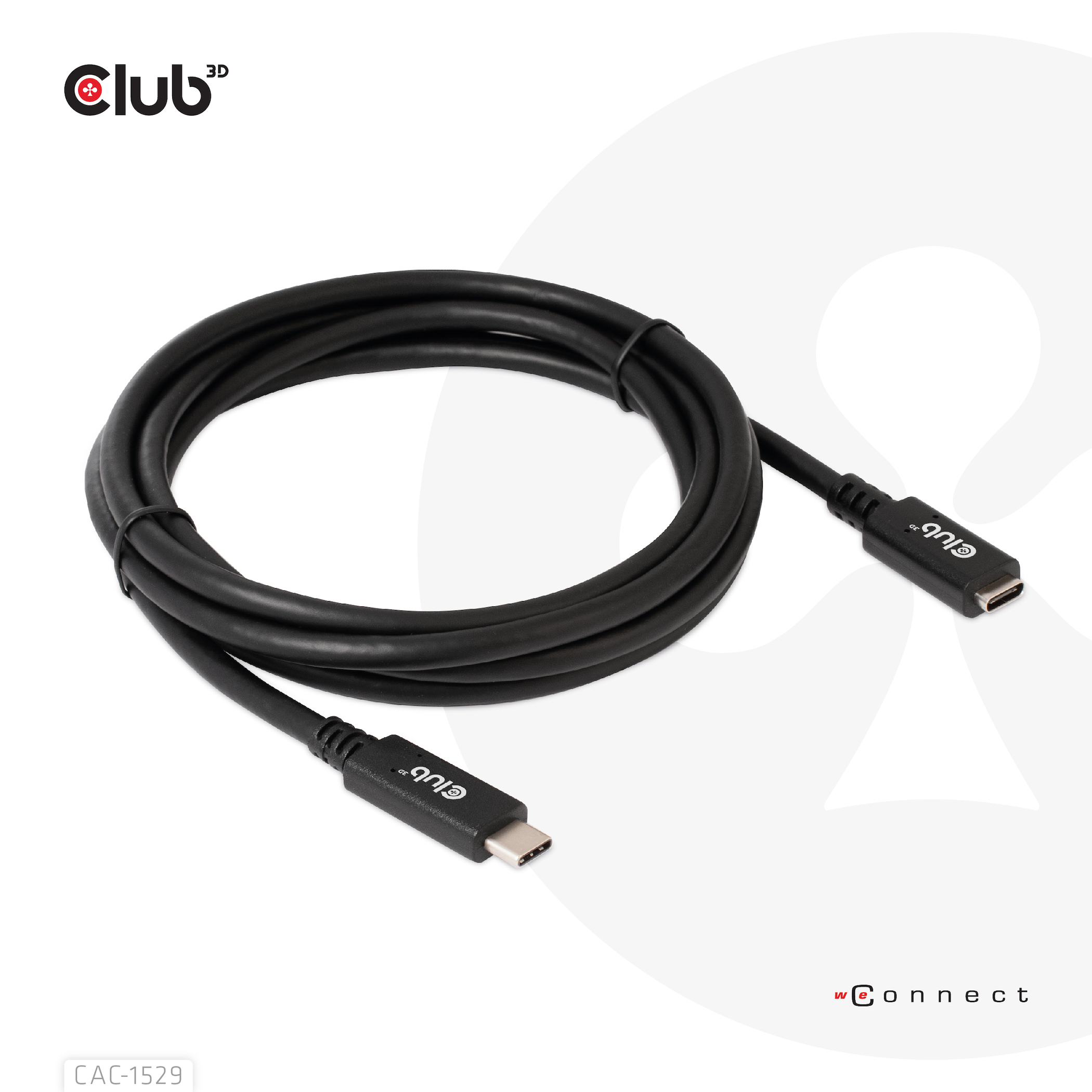 Cavo USB-C nero, arrotolato su una superficie bianca, con logo 'Club3D' sui connettori.