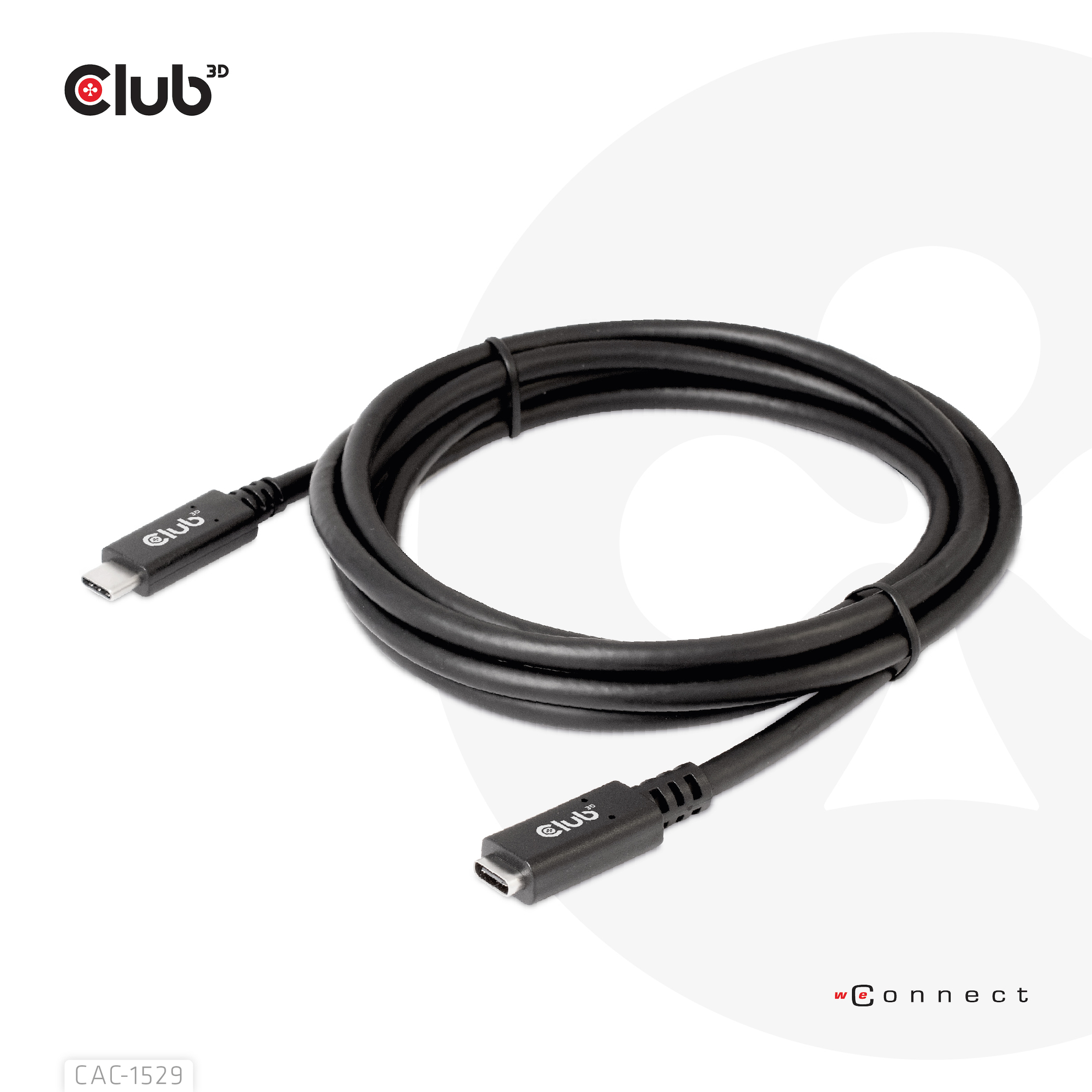 Cavo USB-C nero con logo Club 3D. Sfondo bianco.