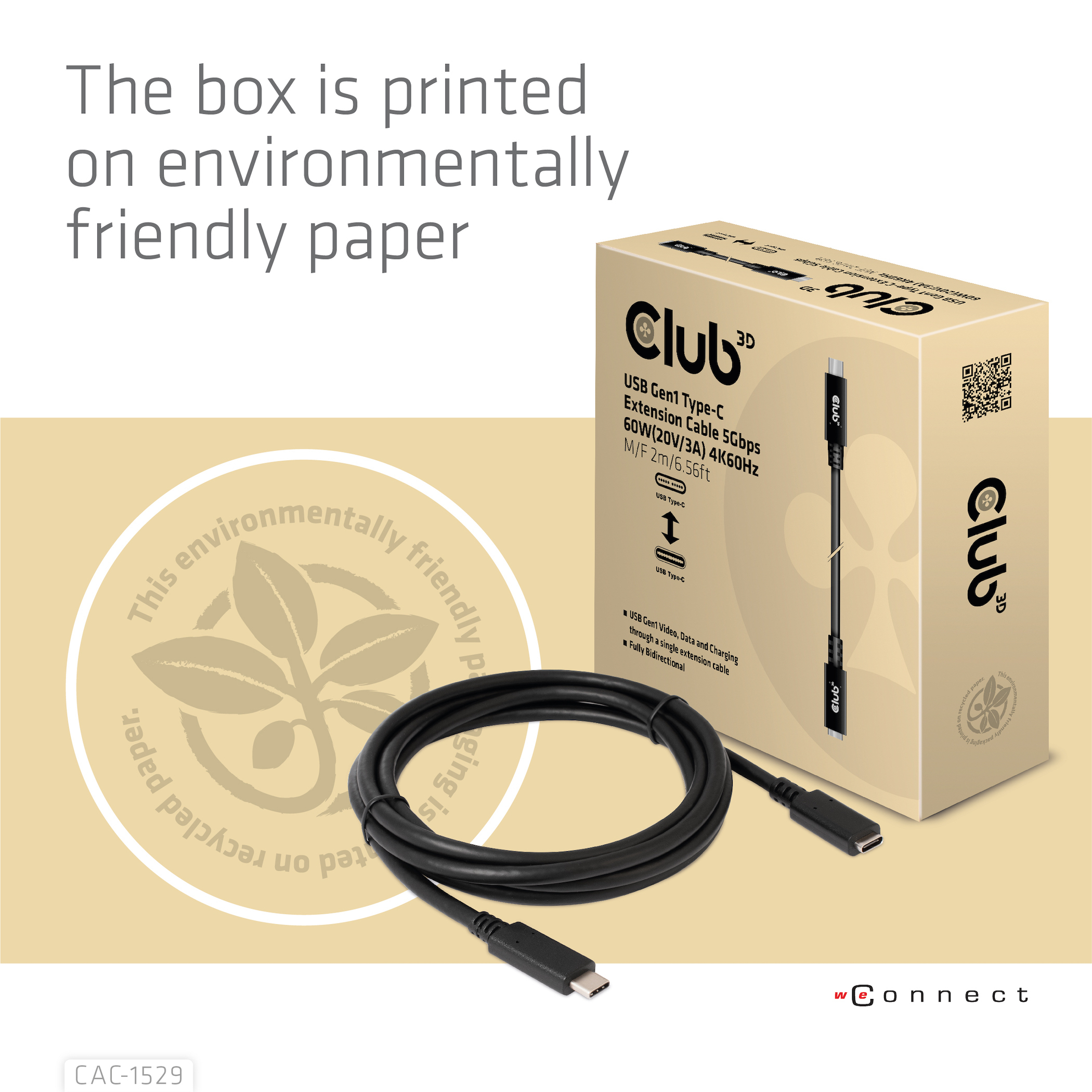 Cavo USB-C e scatola con logo riciclo e testo sulla carta riciclata.