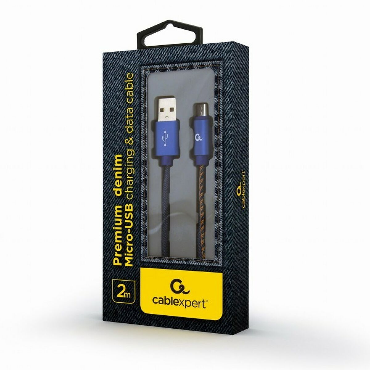 Een doos met denimpatroon met een blauwe USB oplaad- en datakabel erin. Het heeft een zwart frame en gele tekst.