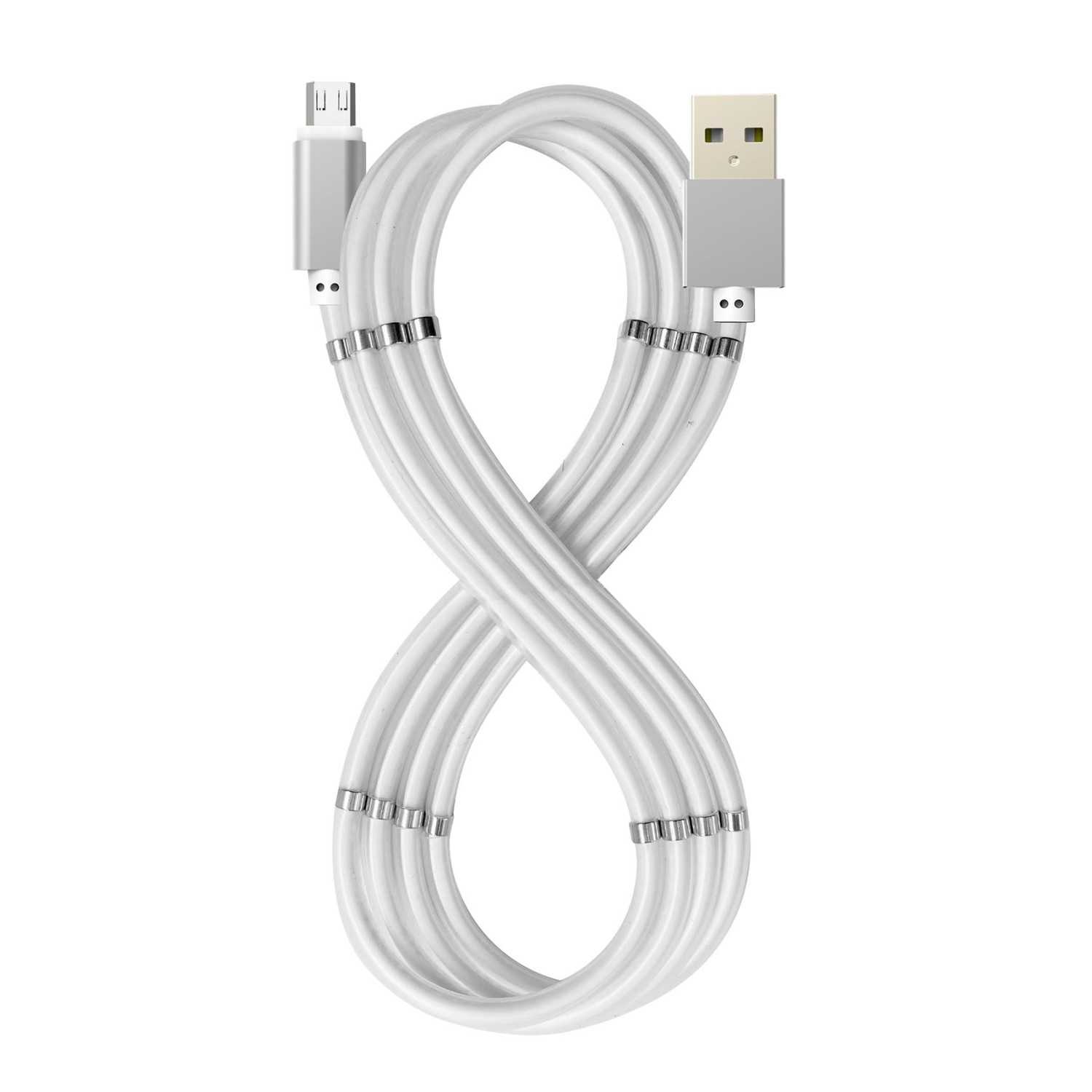 Cavo USB bianco a forma di otto con connettori argentati su sfondo bianco.