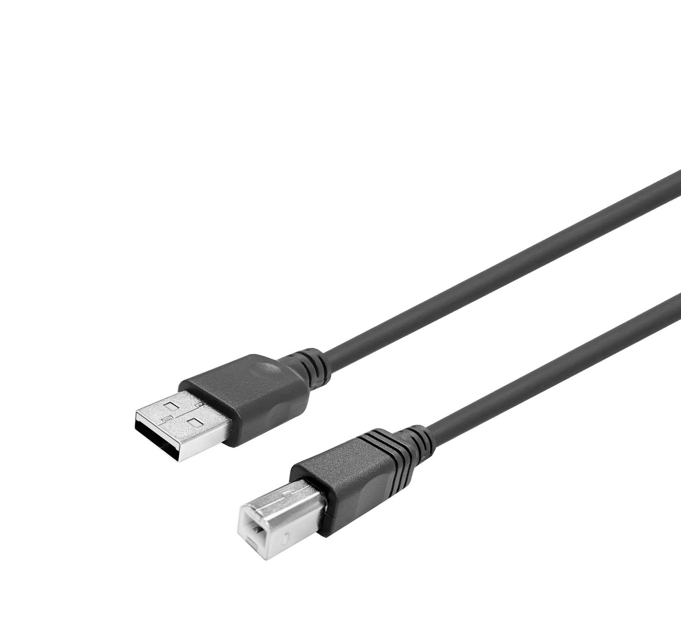 Câble USB noir et blanc. Fond blanc.