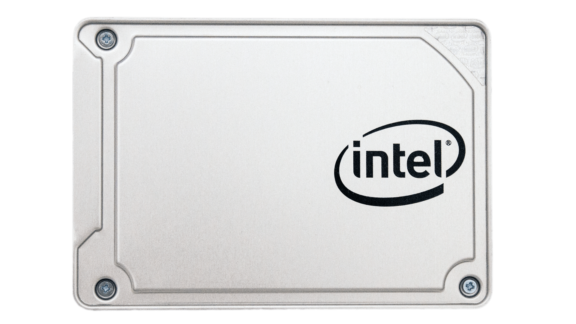 Dysk SSD Intel, srebrna obudowa, z logo Intel, na białym tle.