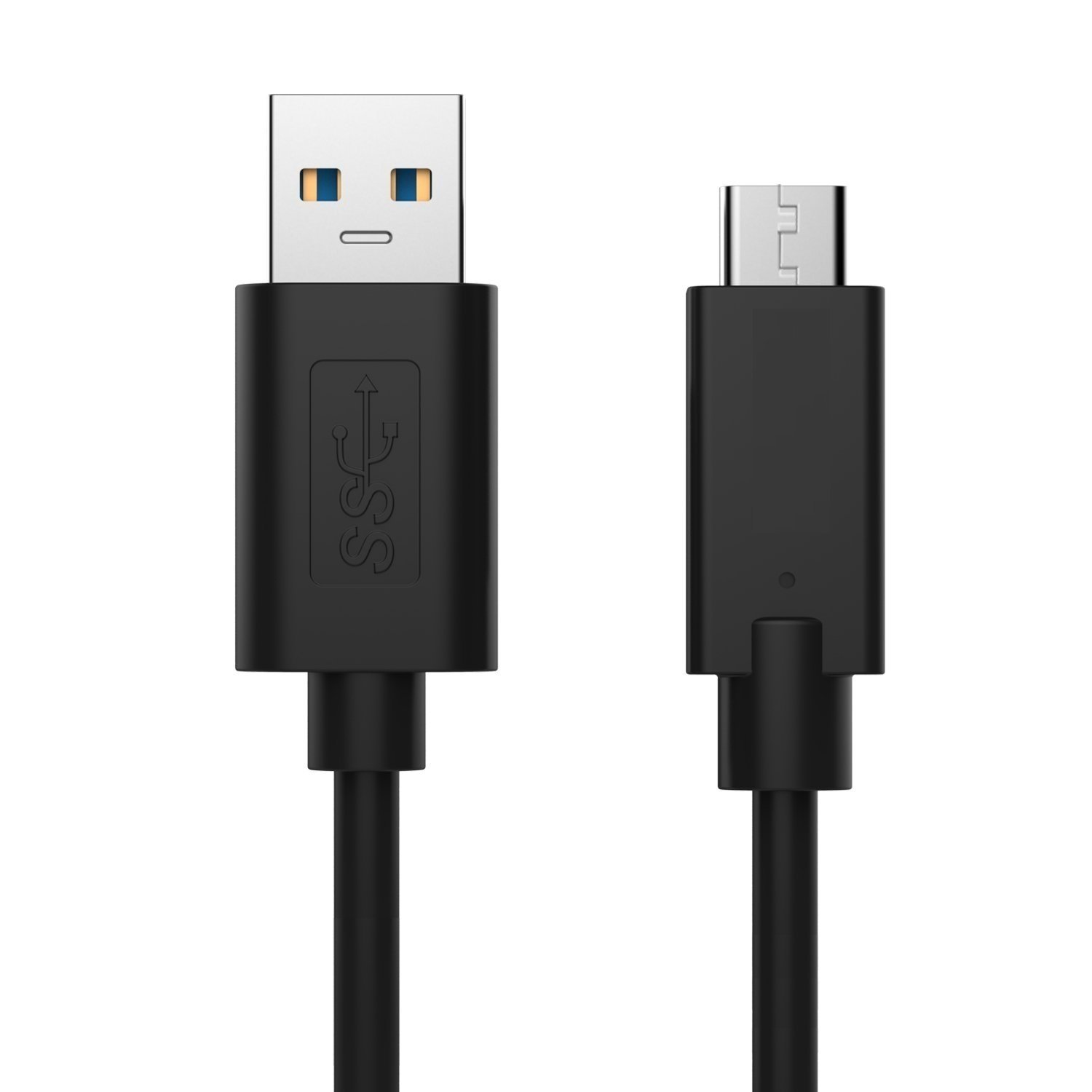 Cavo USB nero con connettore USB-A e micro-USB, su sfondo bianco.