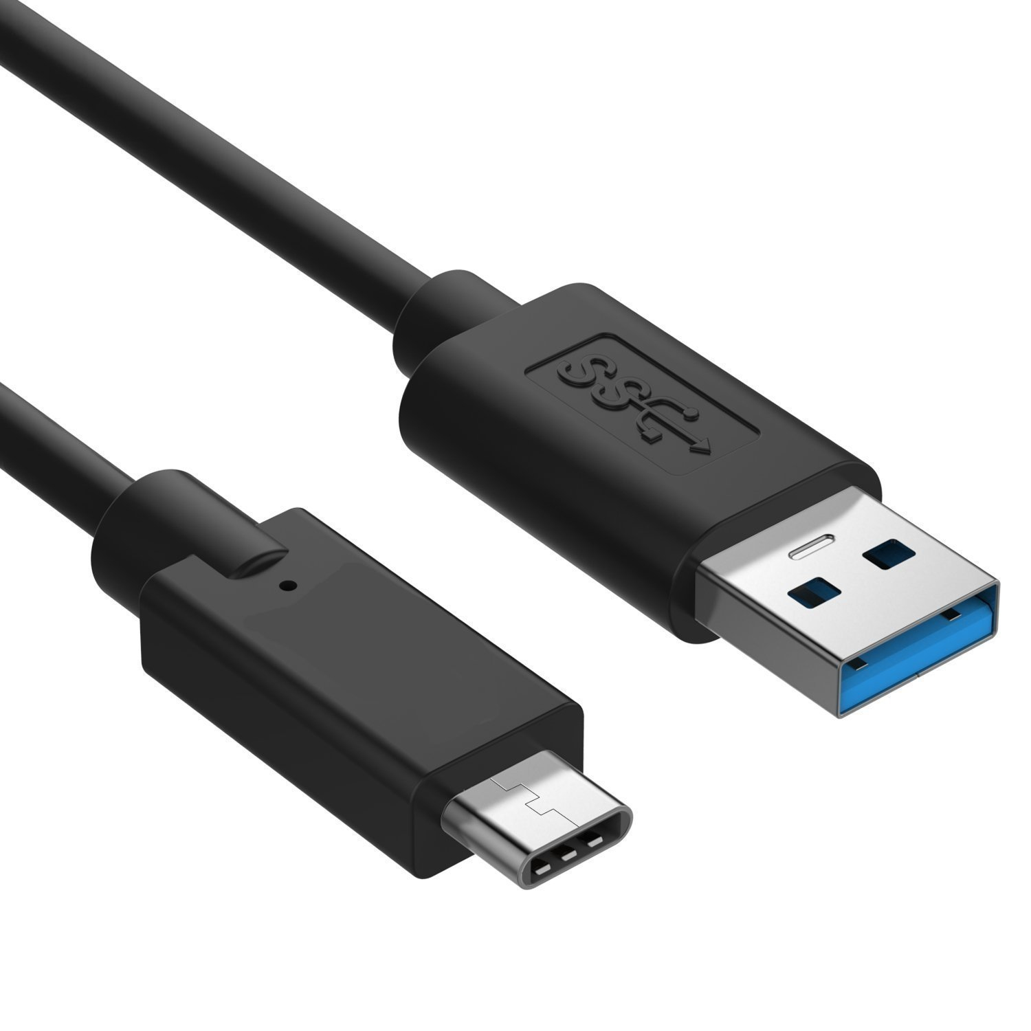 Cavo da USB-C a USB-A nero. Un'estremità USB-C, l'altra USB-A. Sfondo bianco.