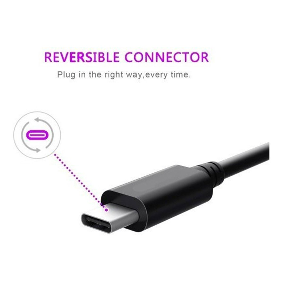 Connettore USB-C nero, testo 'REVERSIBLE CONNECTOR', sfondo bianco.