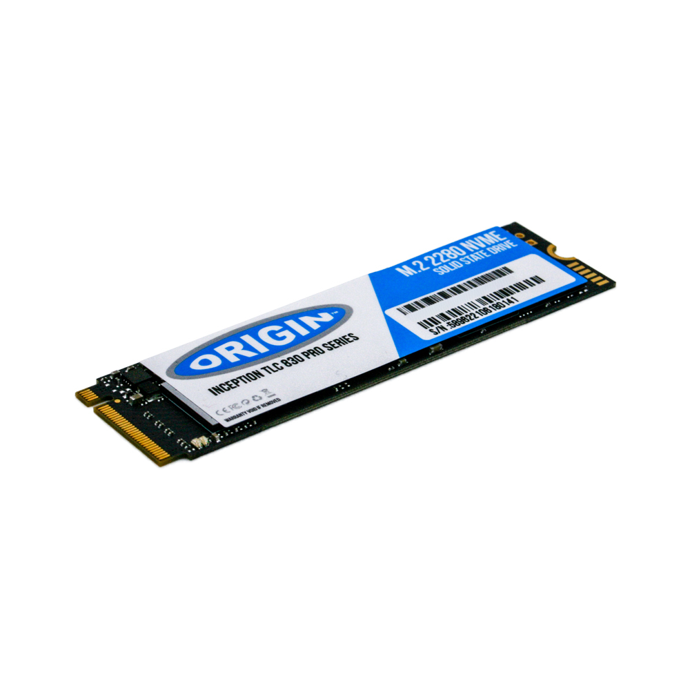 Dysk SSD na białym tle. Etykieta wyświetla Origin, model i numer seryjny.