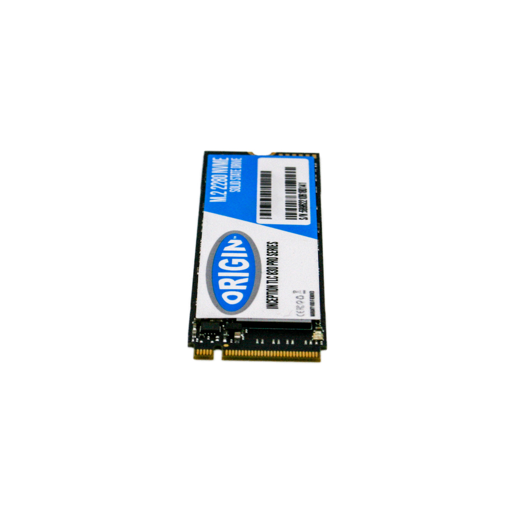 Karta SSD m.2 z tekstem ORIGIN, niebieskie i białe etykiety, na białym tle.