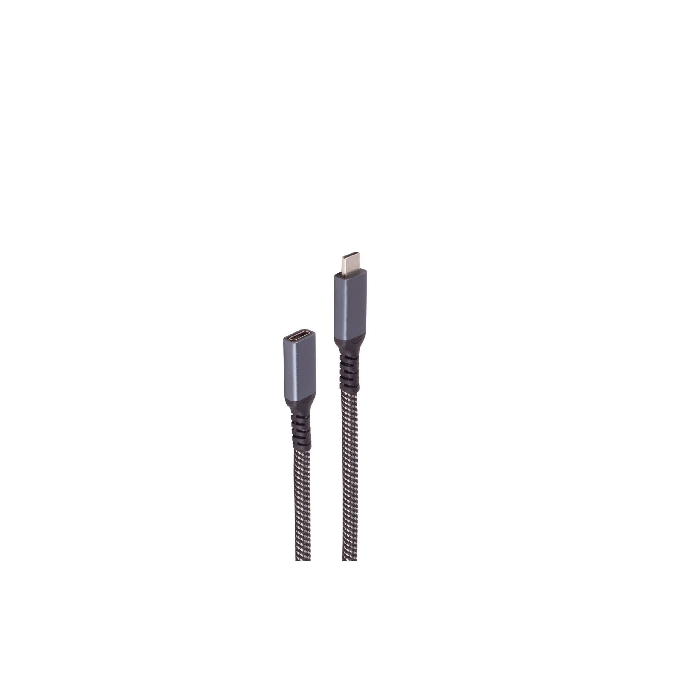 Zwei graue USB-C-Kabel sind verbunden. Eines hat ein geflochtenes Kabel, das andere ist massiv.