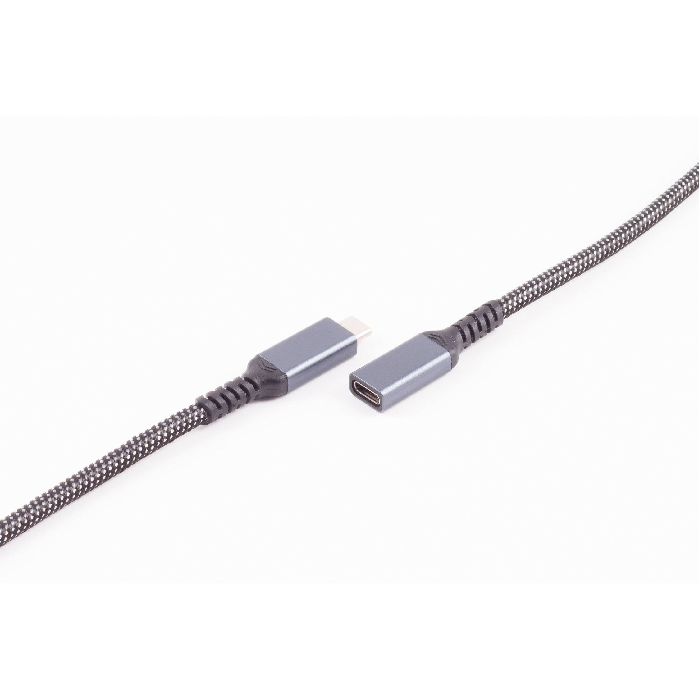 Nahaufnahme von grauen USB-C-Kabelanschlüssen, die Enden zeigend, auf weißem Hintergrund.