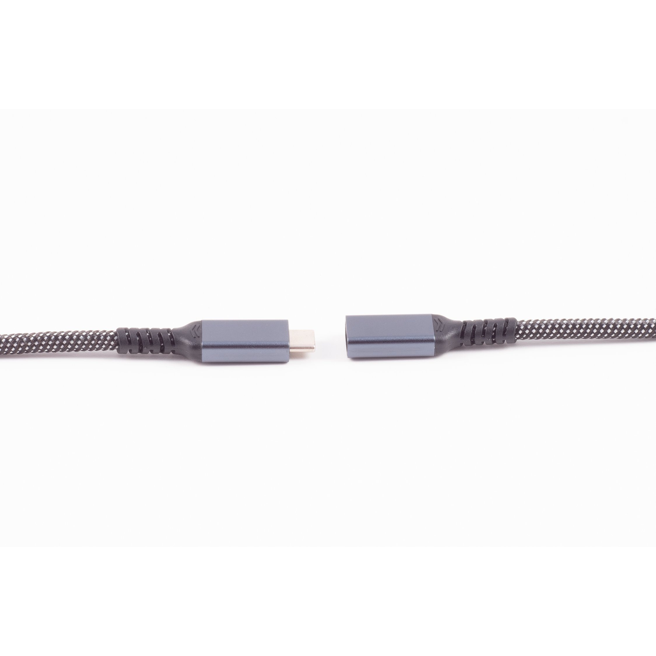 Graues USB-C-Kabel mit getrennten Anschlüssen, vor weißem Hintergrund.