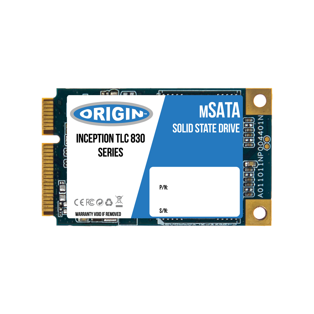 Scheda SSD mSATA con testo ORIGIN, etichette blu e bianche, su sfondo bianco.