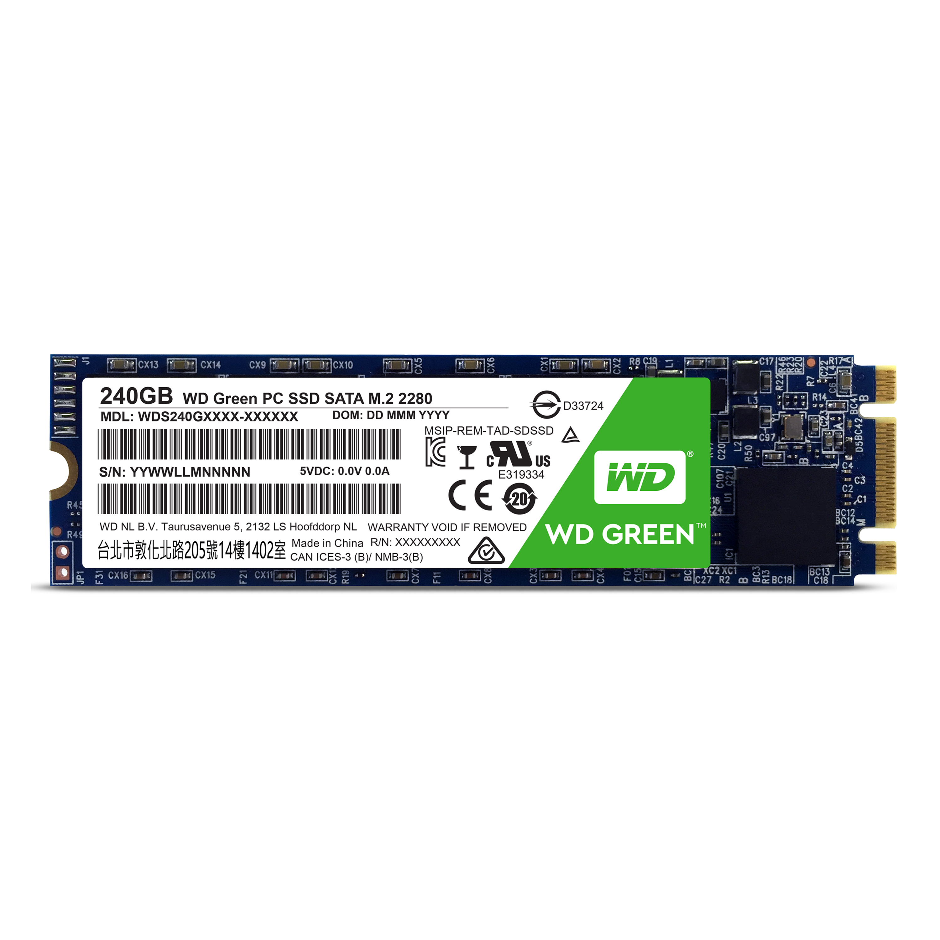 SSD M.2 WD Green PC. L'etichetta mostra informazioni e dettagli del prodotto. Su sfondo bianco.