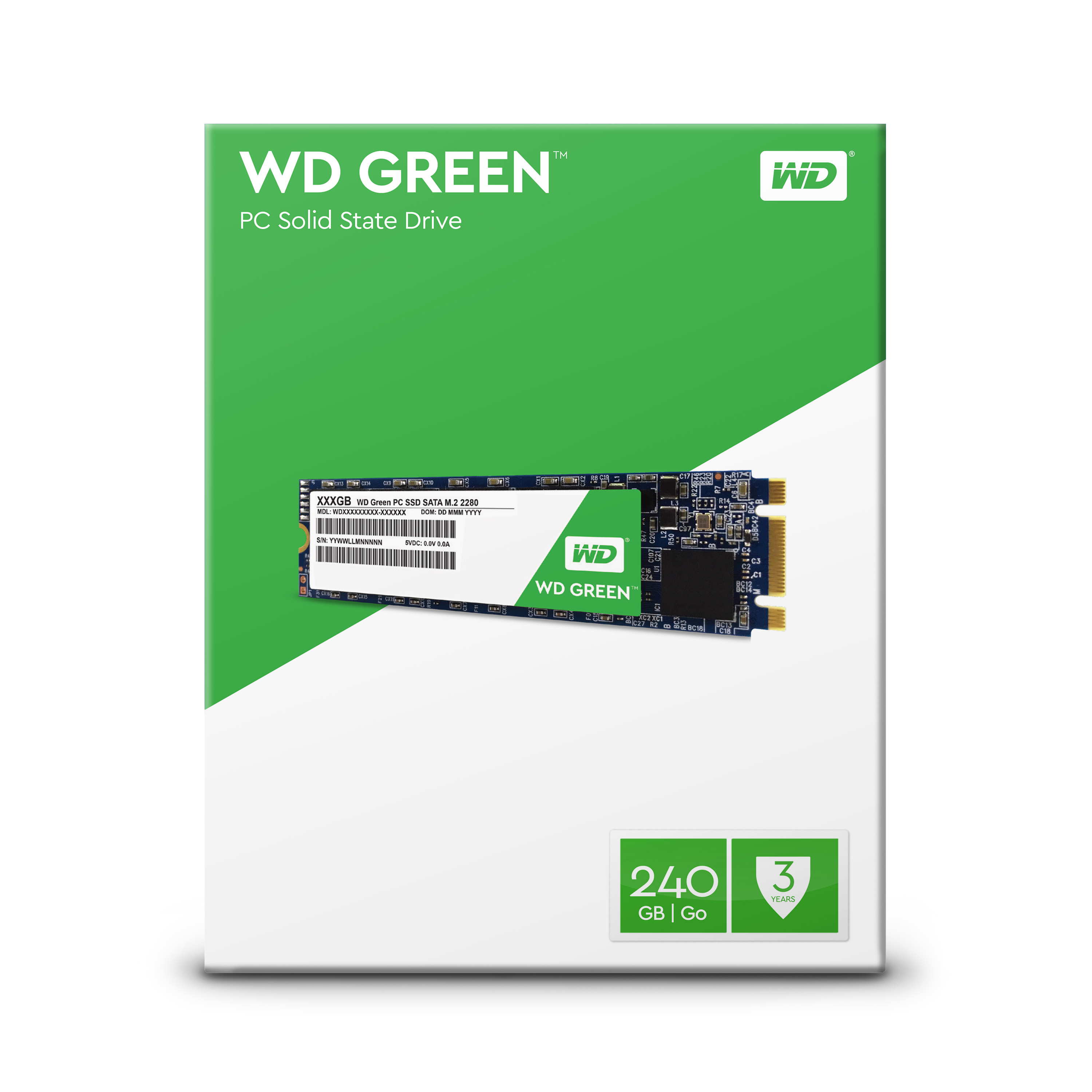 Scatola WD Green PC SSD che mostra un SSD M.2 all'interno, con etichette e dettagli, su sfondo bianco.