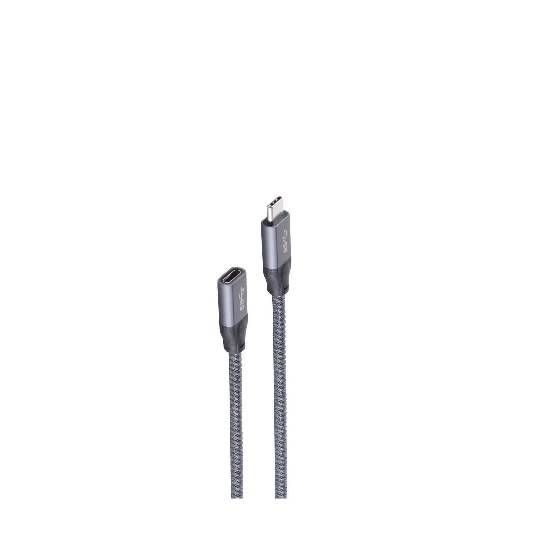 Cavo USB-C grigio con connettori, su sfondo bianco. Il cavo è flessibile.