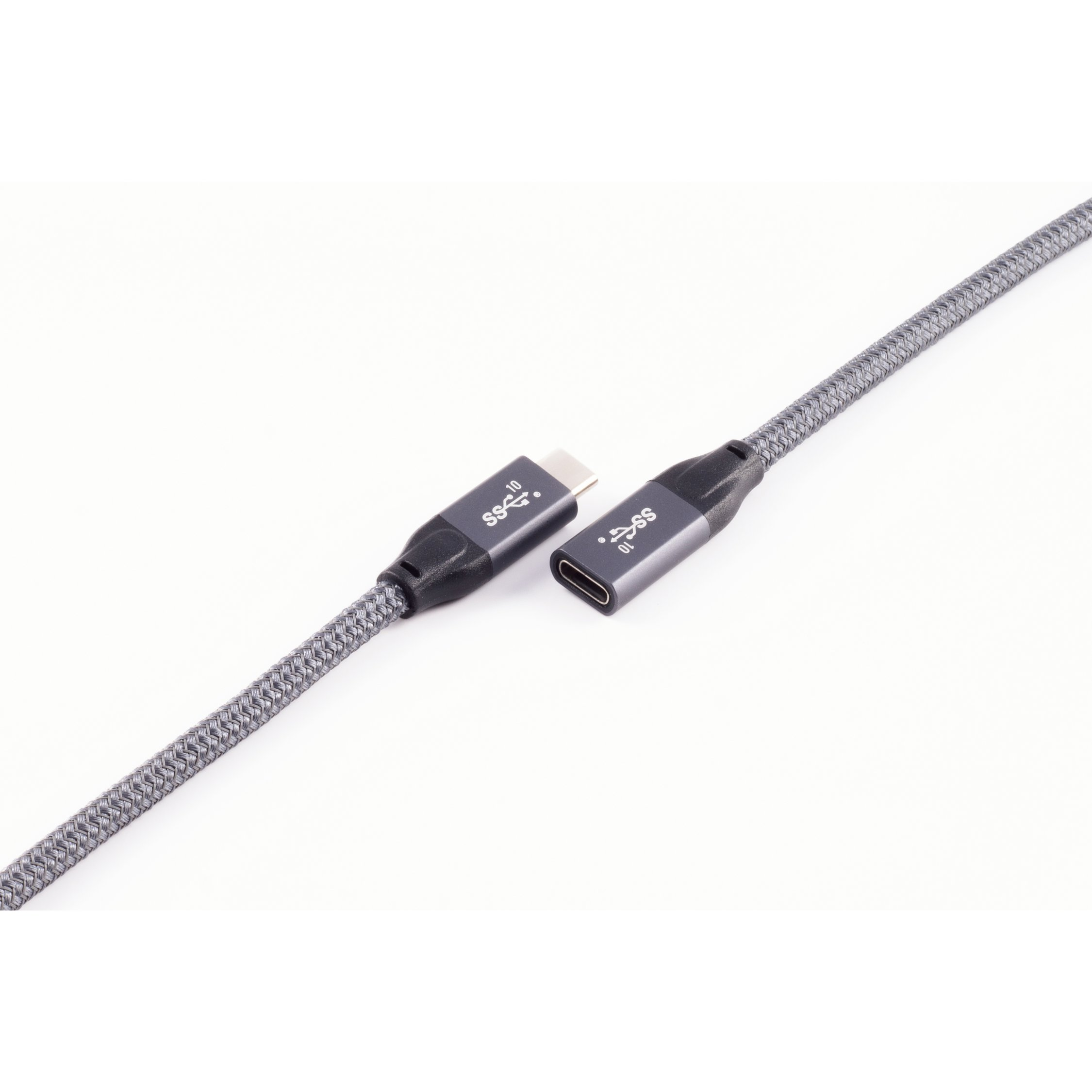 Cavo USB grigio con connettori USB-C, testo sui connettori, su sfondo bianco.