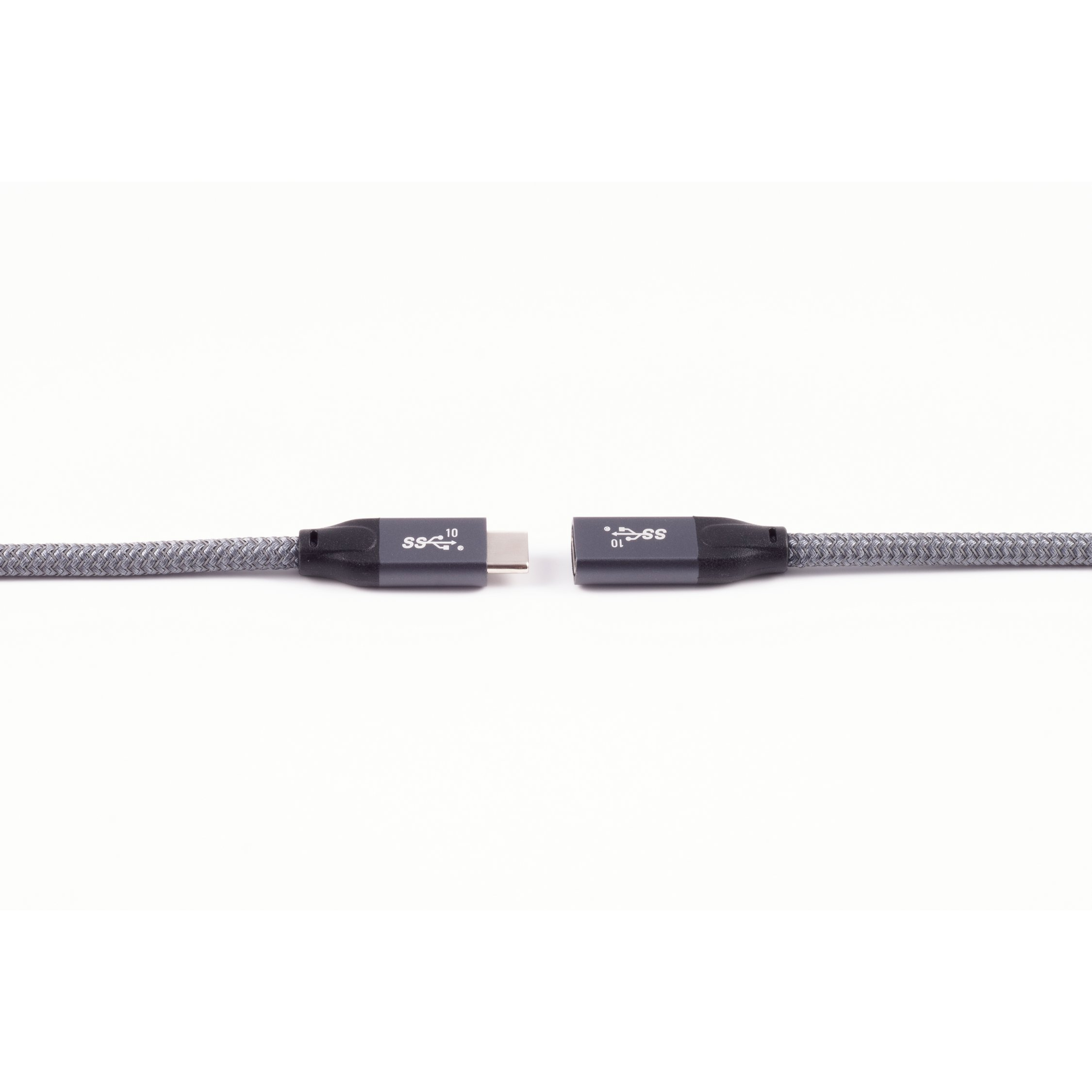 Cavo USB grigio con connettori USB-C, testo sui connettori, su sfondo bianco.