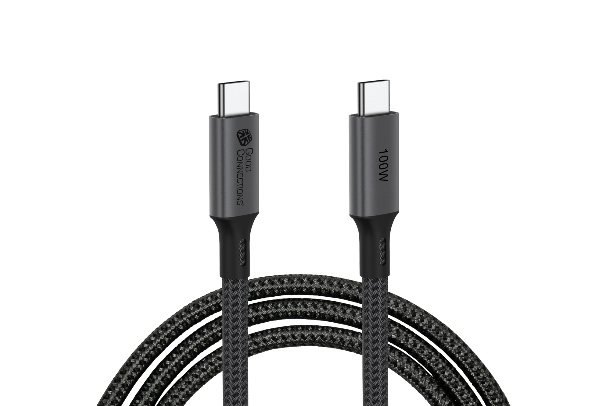 Zwart-grijze USB-C kabels. Witte achtergrond.