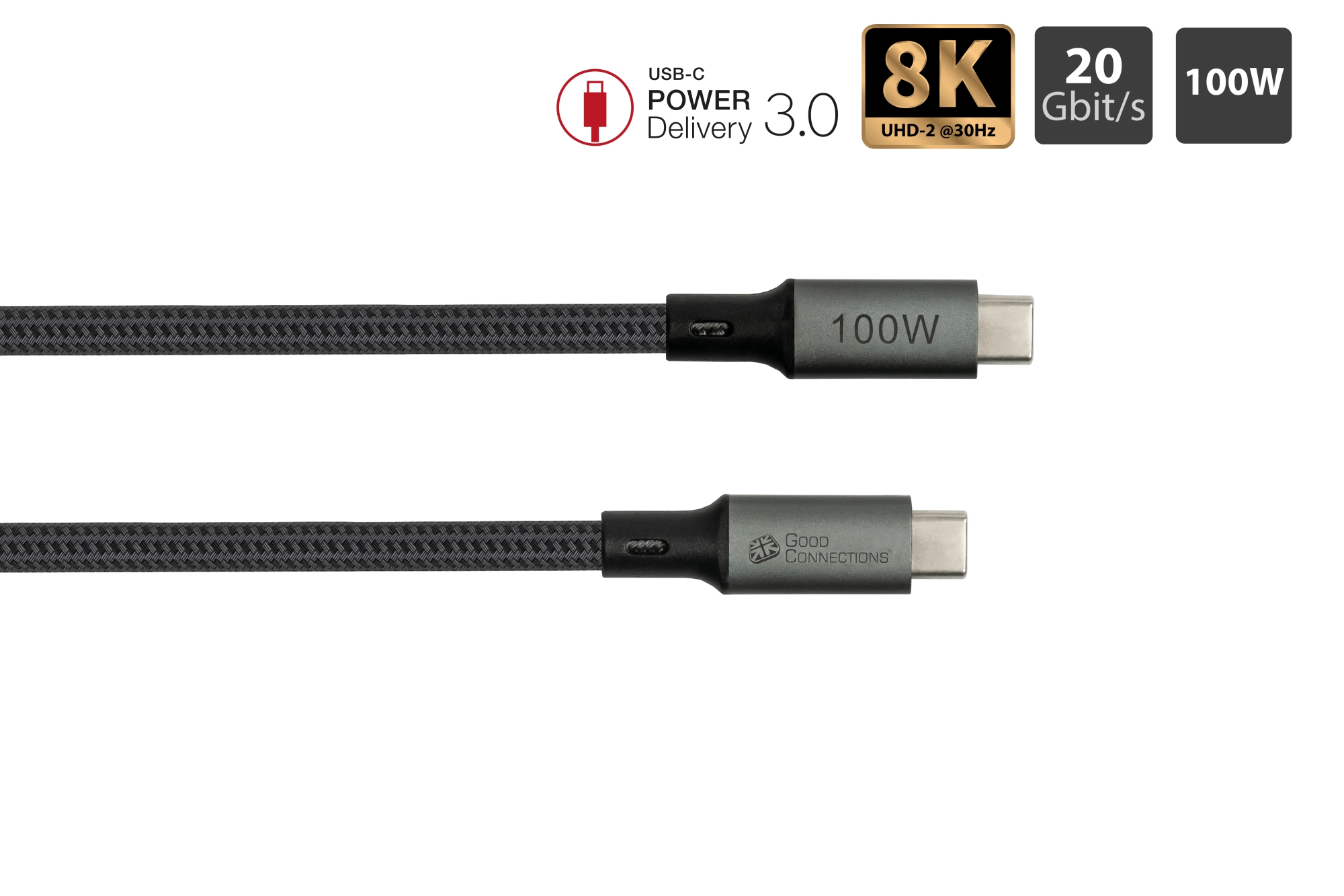 Twee USB-C kabels, zwart en grijs. Tekst: USB-C Power Delivery, 8K, 20 Gbit/s, 100W.