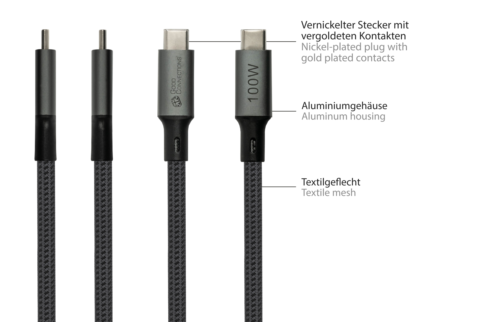 Close-up van zwarte USB-kabelconnectoren met labels, '100W', 'Aluminium behuizing'.