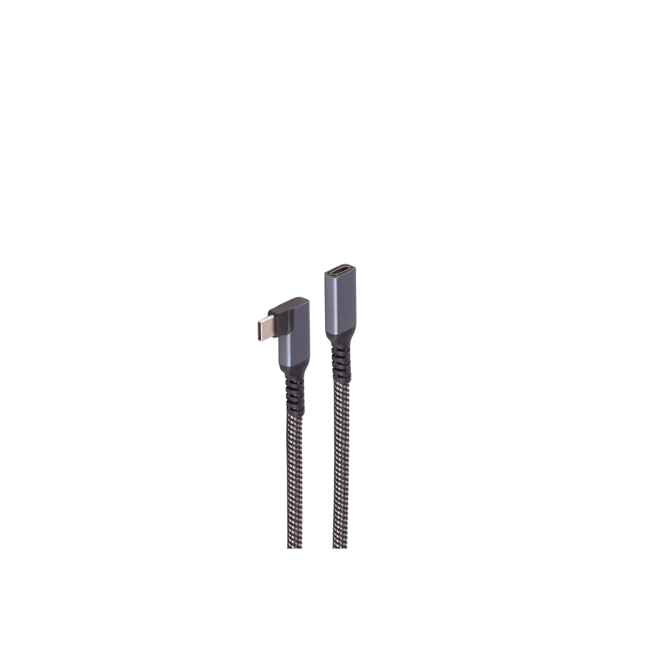 Abgewinkeltes USB-C-Kabel. Ein Ende ist USB-C, das andere ist USB-C abgewinkelt. Weißer Hintergrund.