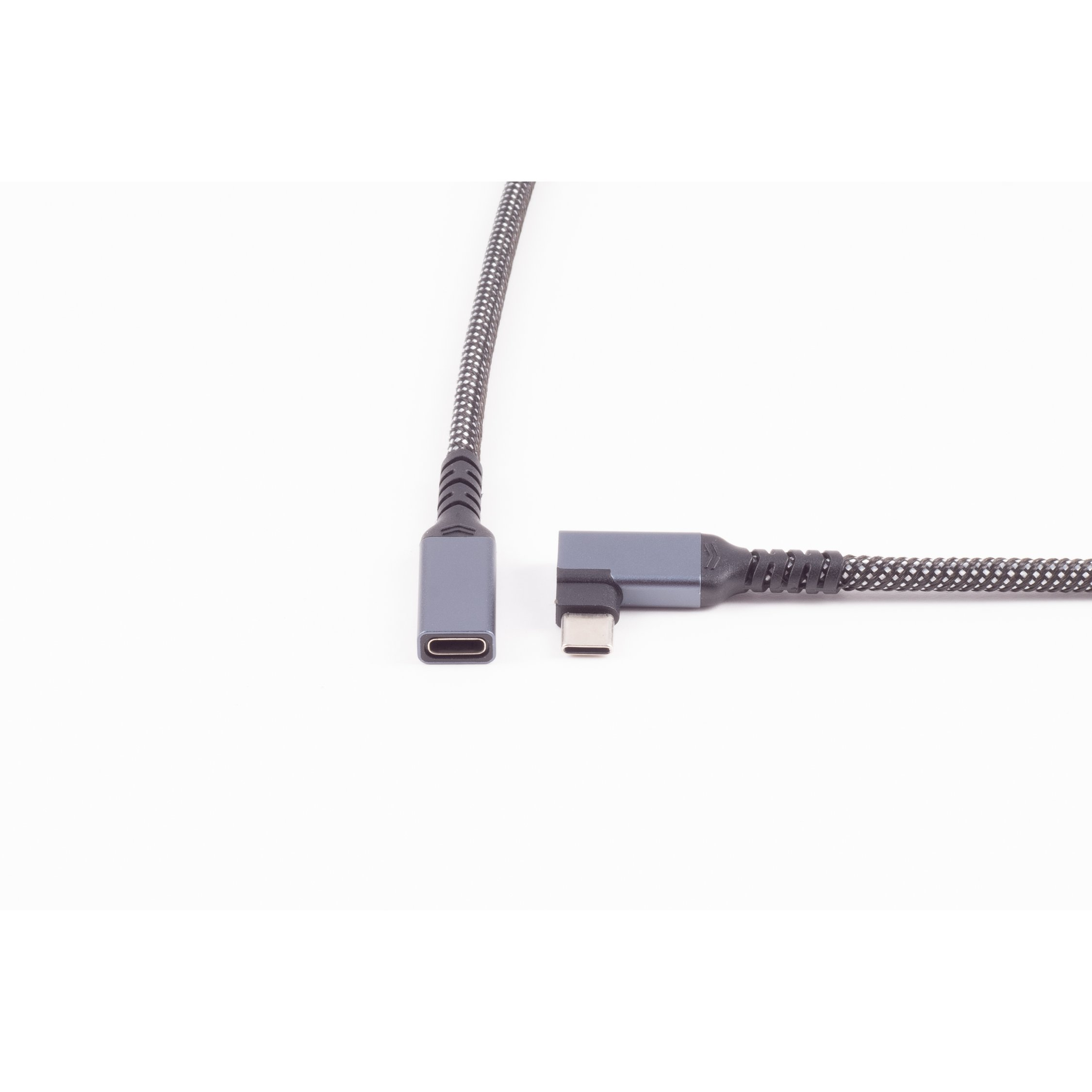 Zwei USB-C-Anschlüsse, einer abgewinkelt, an einem grau-schwarzen Kabel.