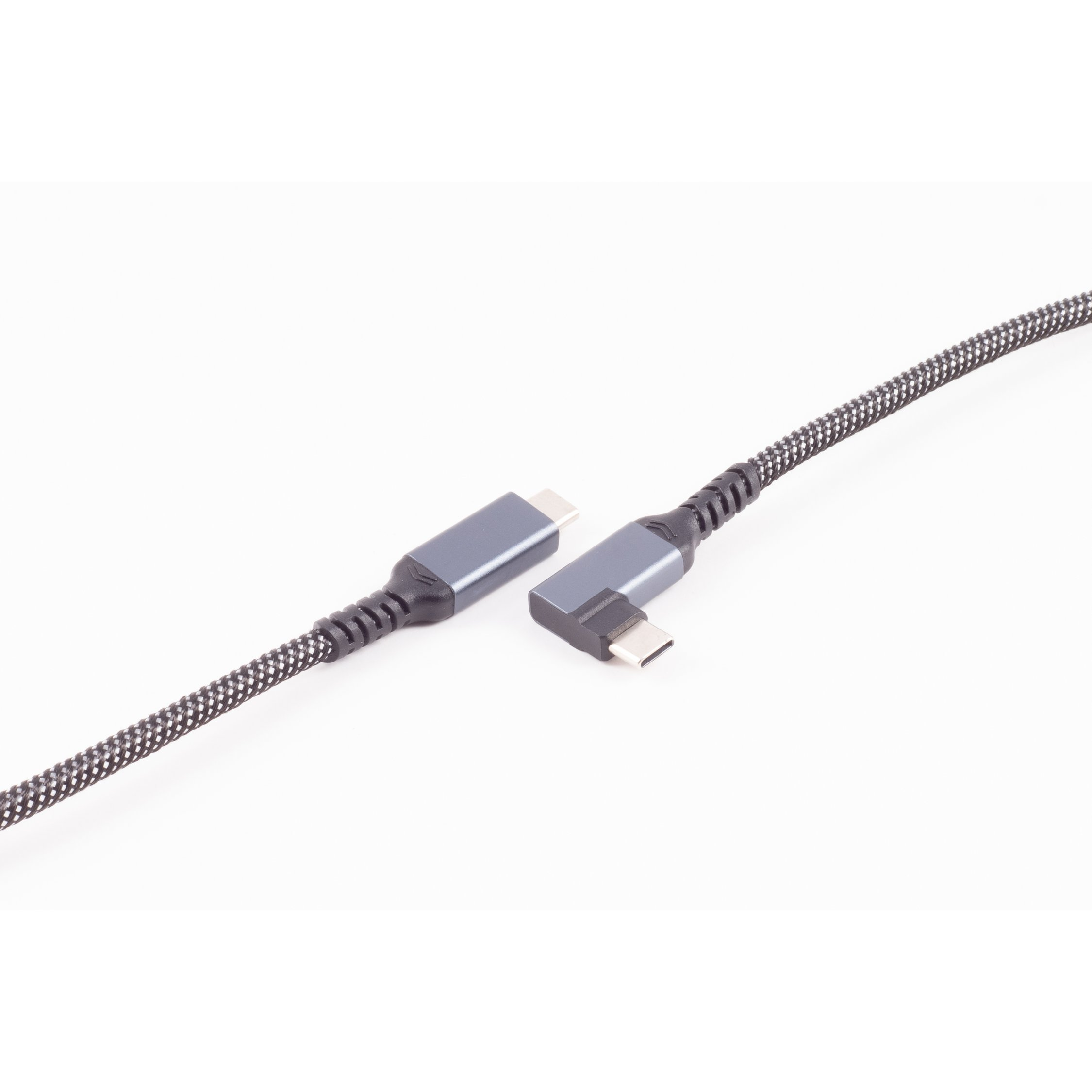 Due cavi USB-C grigi con connettori angolati e diritti, su sfondo bianco.