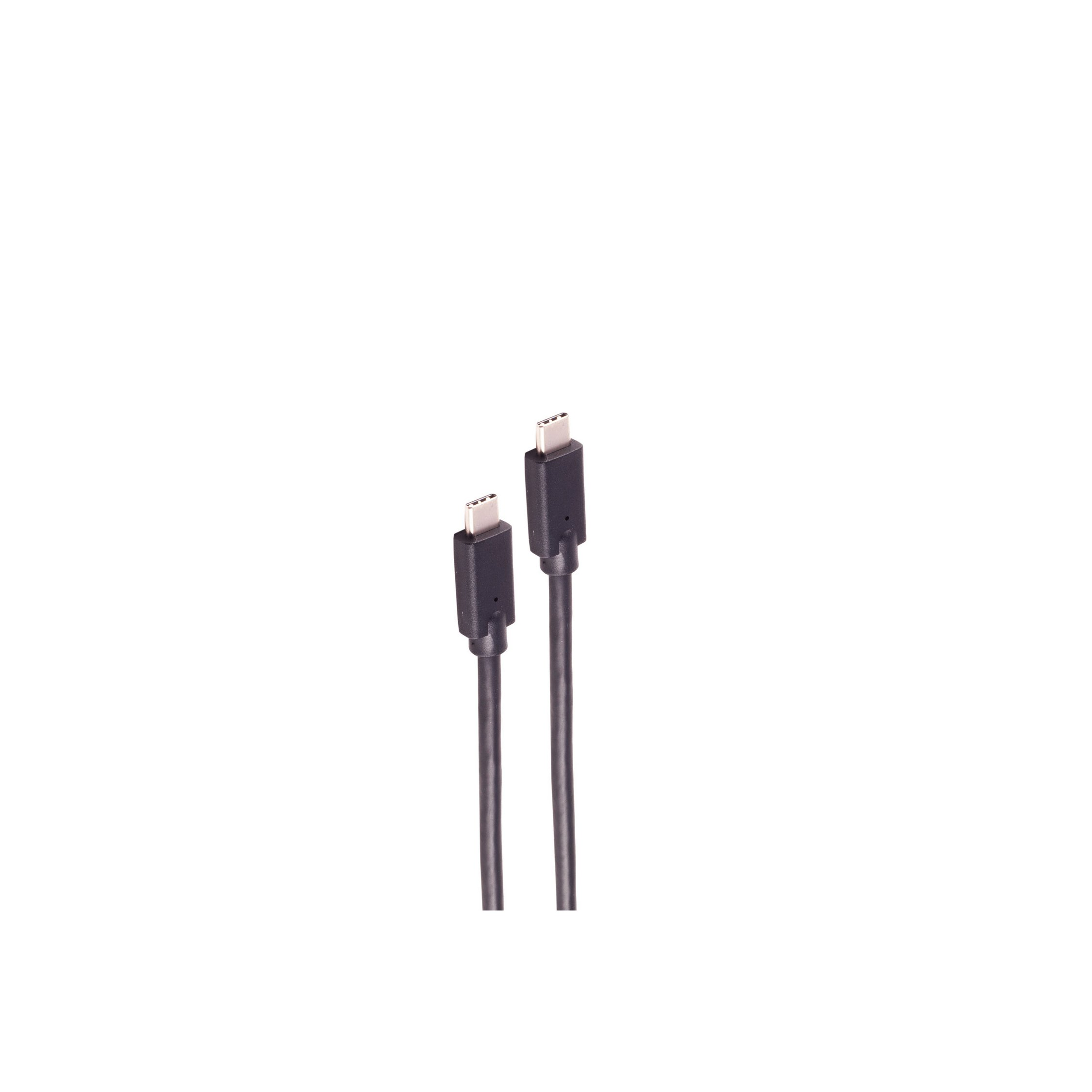 Due cavi USB-C neri, con connettori su entrambe le estremità, su sfondo bianco.