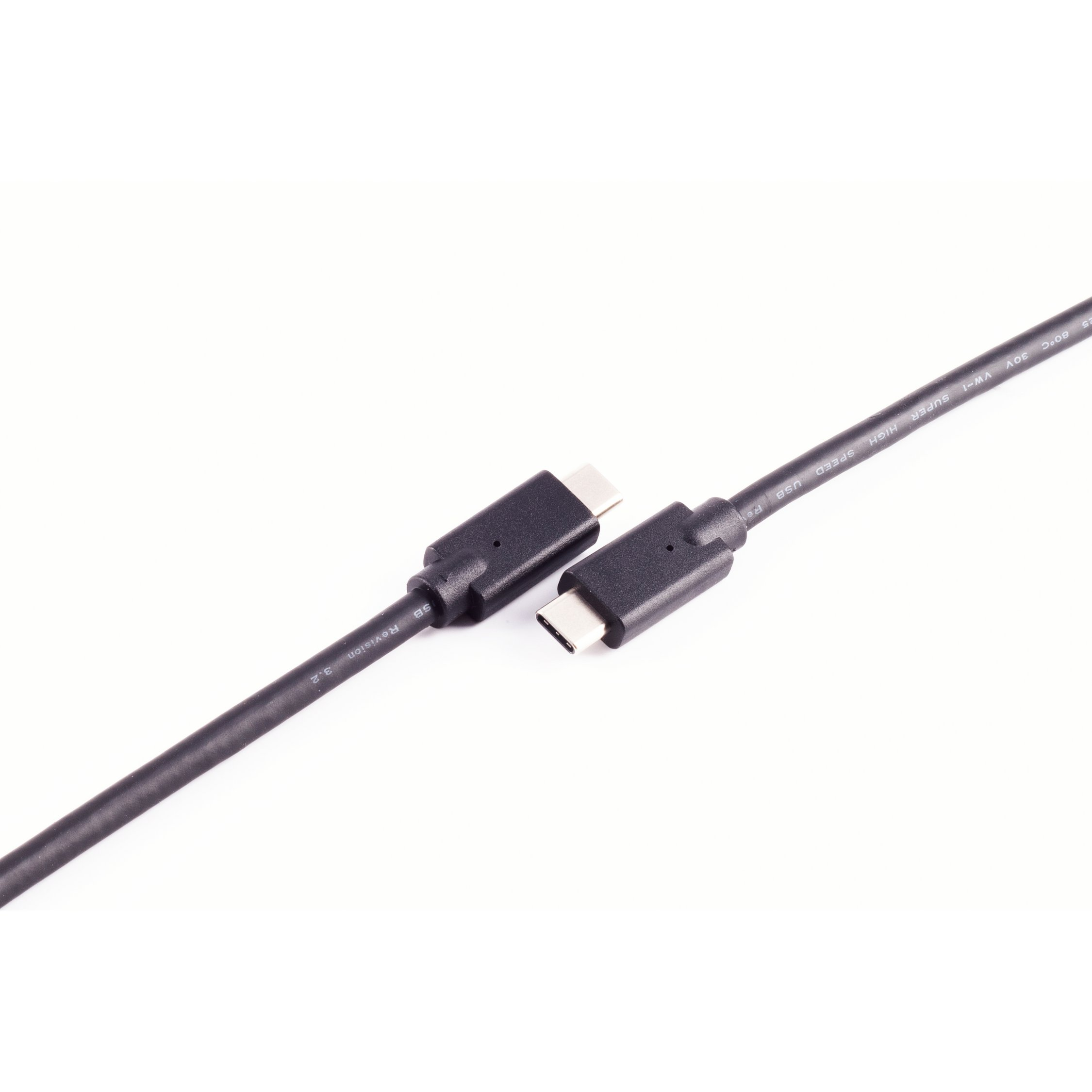 Due cavi USB-C neri collegati, su sfondo bianco. USB 3.2 stampato su uno.