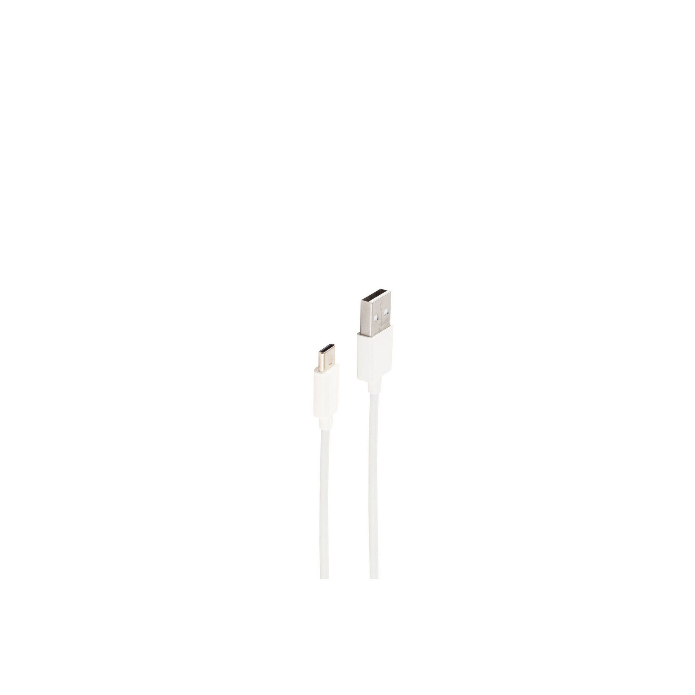 Un cavo USB bianco con due connettori, uno USB standard, l'altro micro-USB.