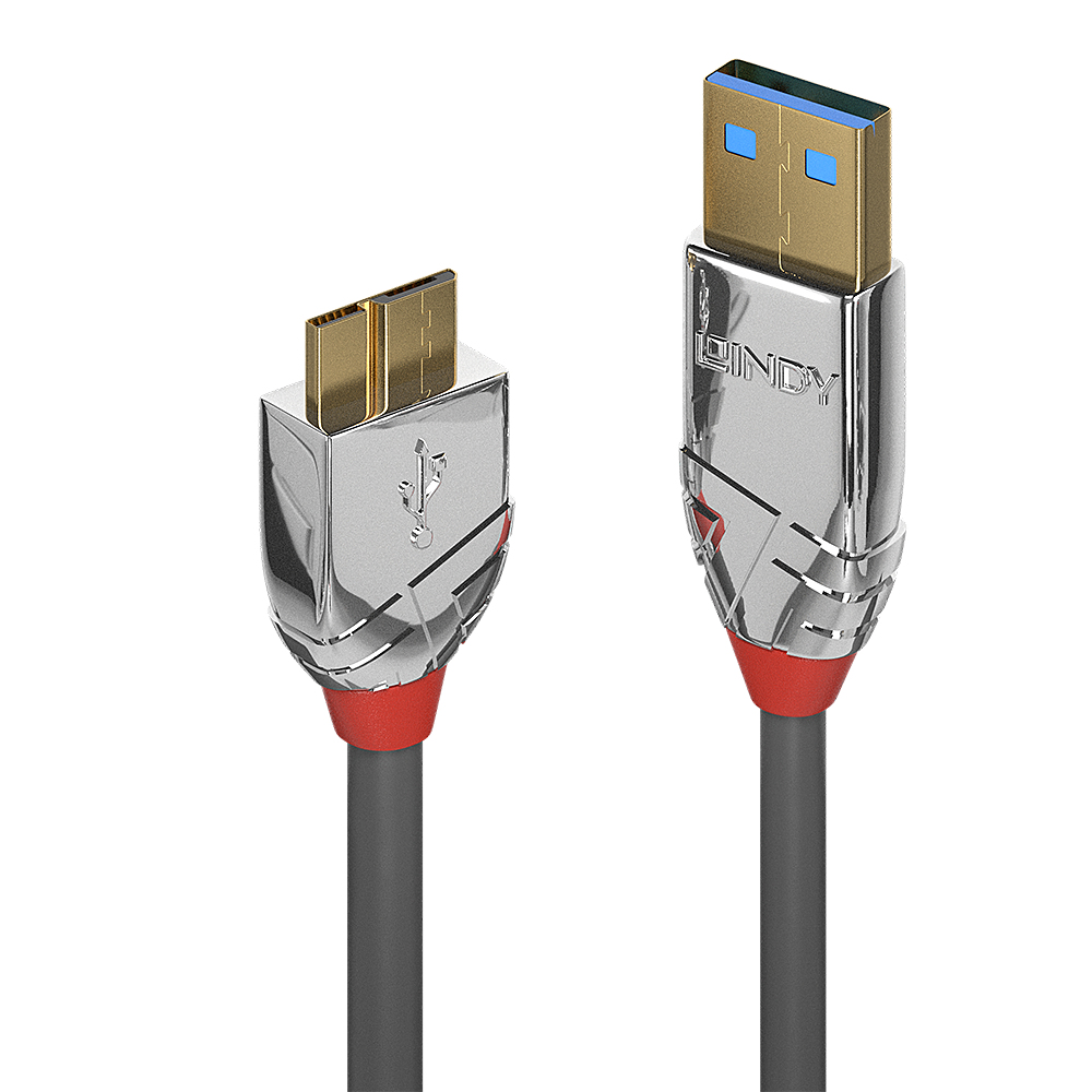 Cavo USB con dettagli argento e rossi. Da USB-A a USB-C. Sfondo grigio.