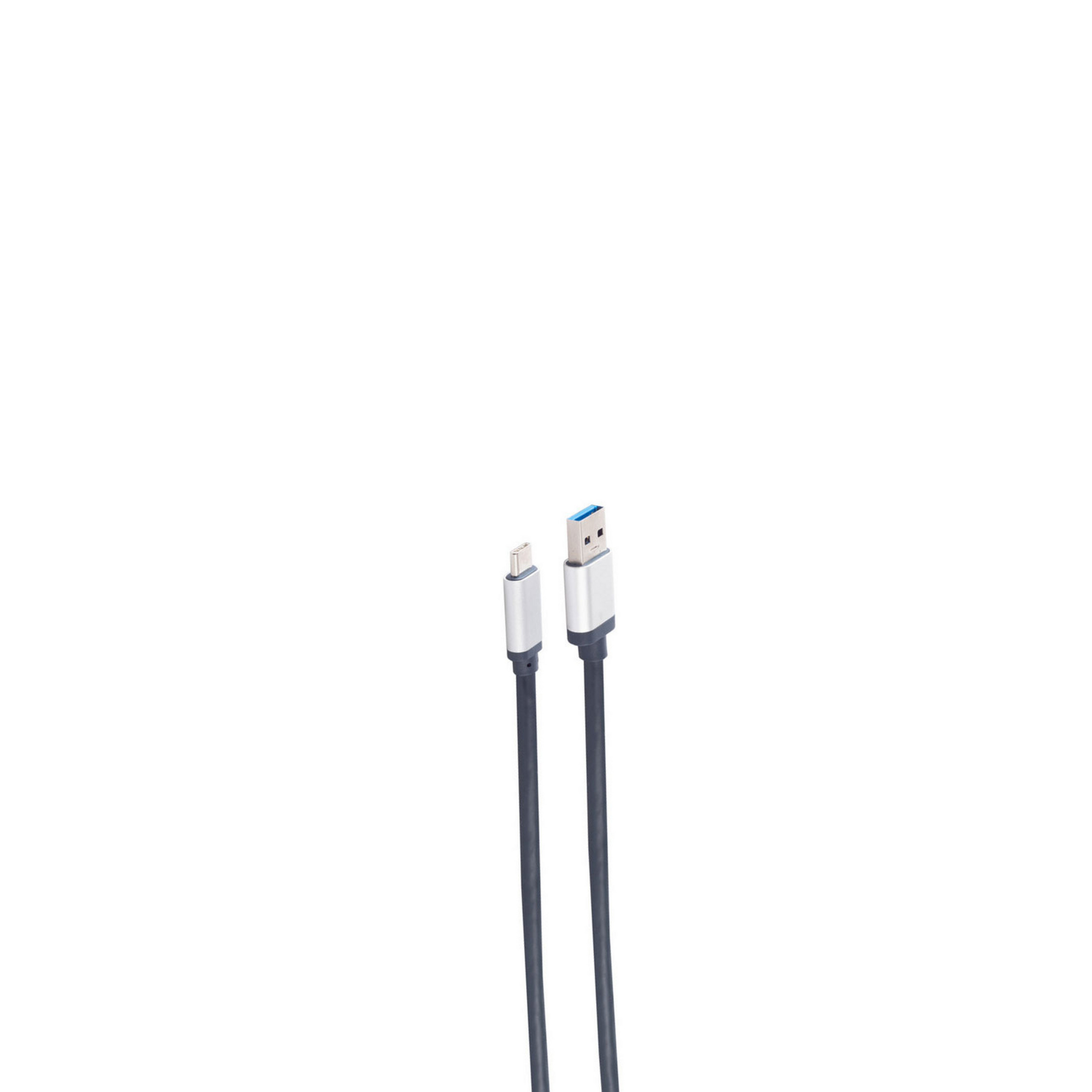 Czarno-srebrny kabel USB i USB-C. Białe tło.
