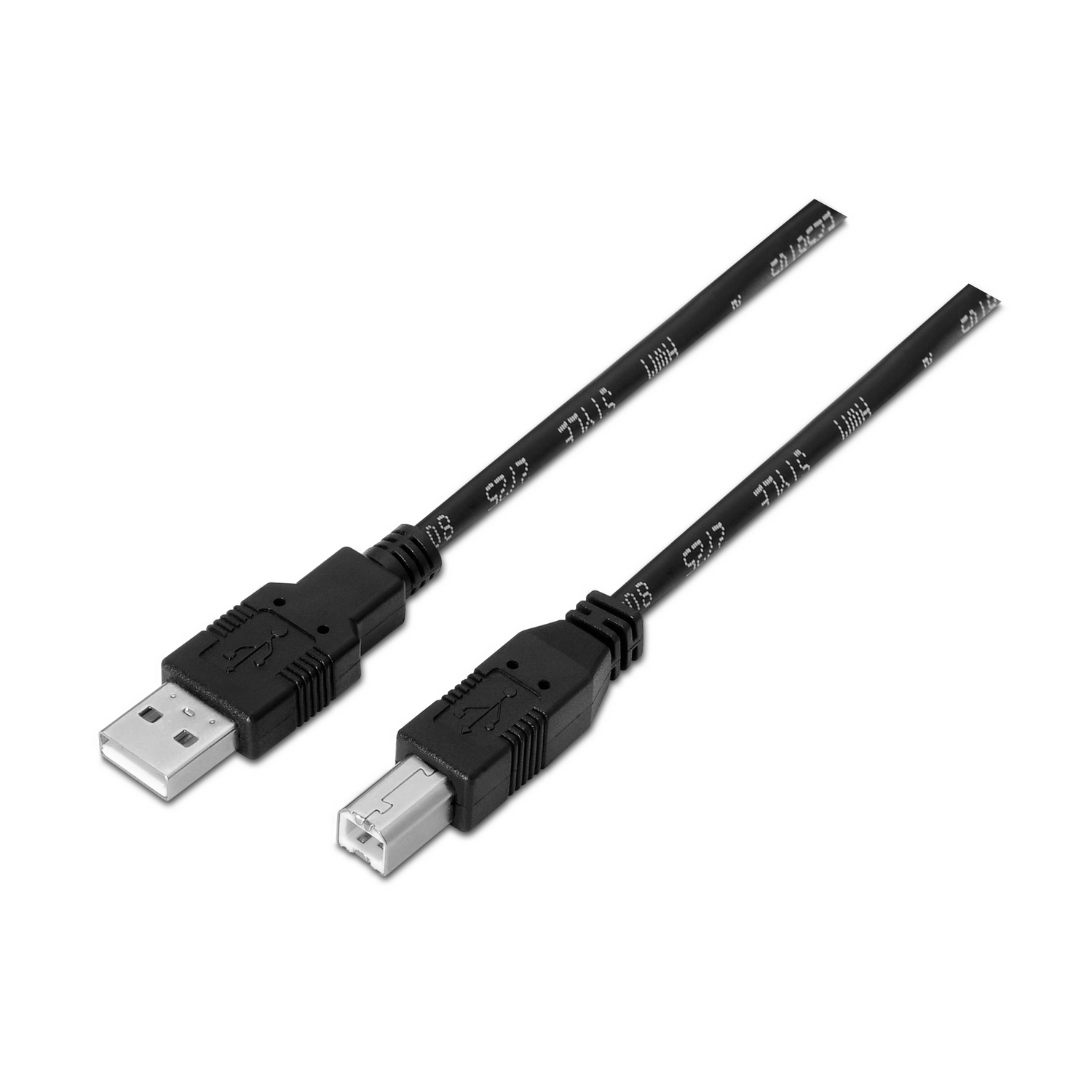 Dos cables USB negros con diferentes conectores, sobre fondo blanco.