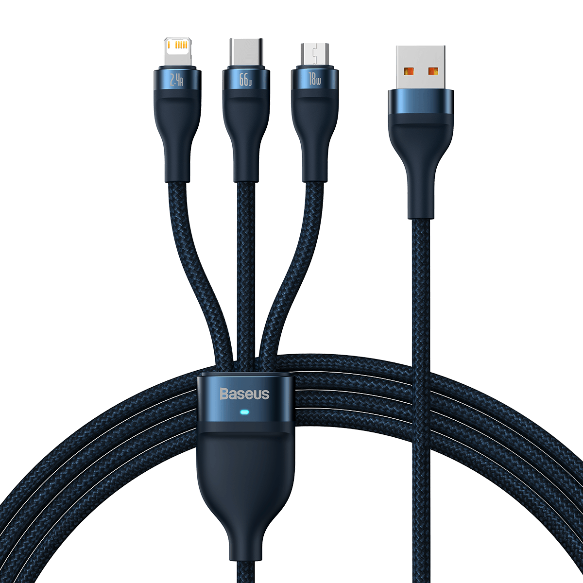 Kabel wielofunkcyjny z czterema złączami: Lightning, USB-C, Micro USB i USB-A, ciemnoniebieski.