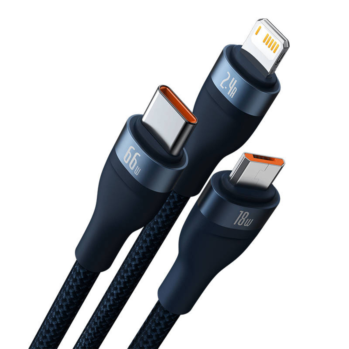 Trzy kable USB, jeden USB-C, jeden Lightning i kolejny USB-C, wszystkie w kolorze granatowym.