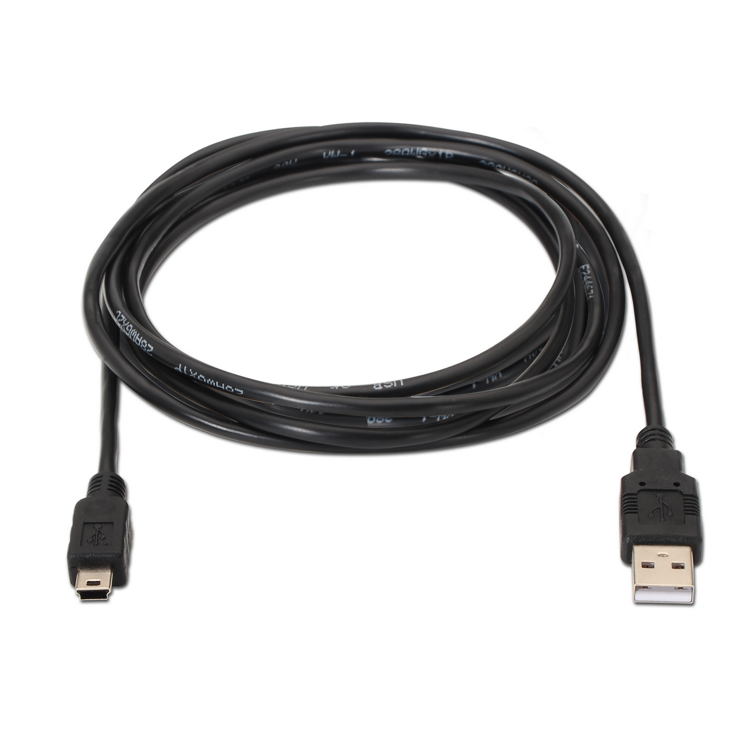 Een zwarte USB naar Micro-USB kabel. De achtergrond is wit. Het is een simpele, opgerolde kabel. Beide uiteinden zijn zichtbaar.