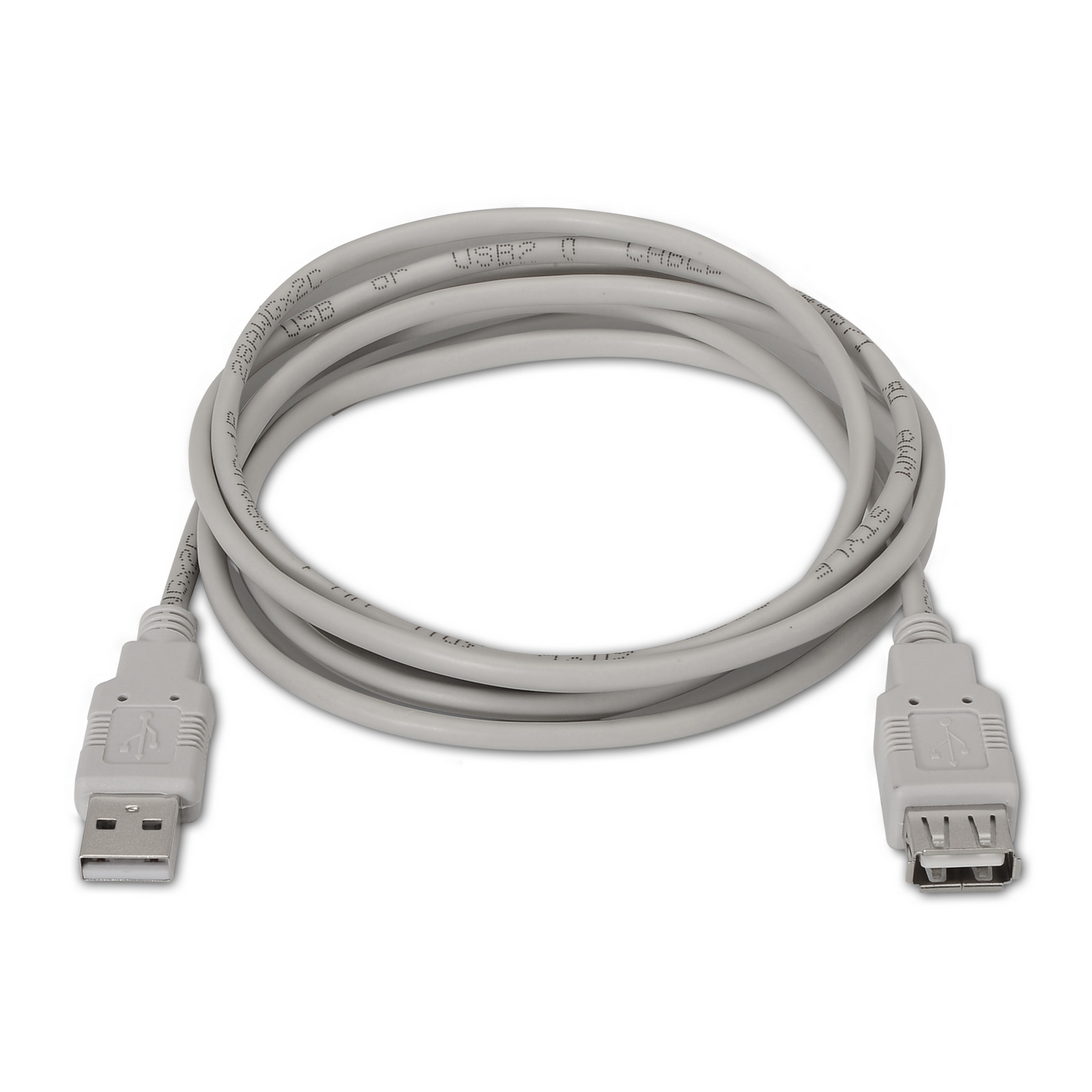 Cavo USB grigio con due connettori, disposto in forma circolare.