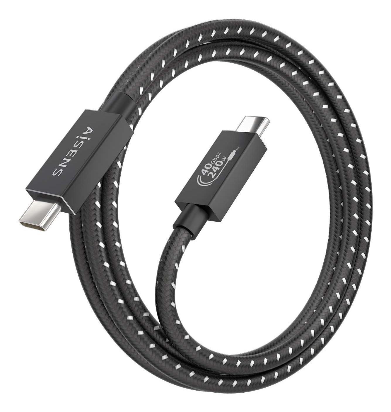 Zwarte USB-C-kabel met wit stippenpatroon. Een grijze connector met het Aisens-logo.