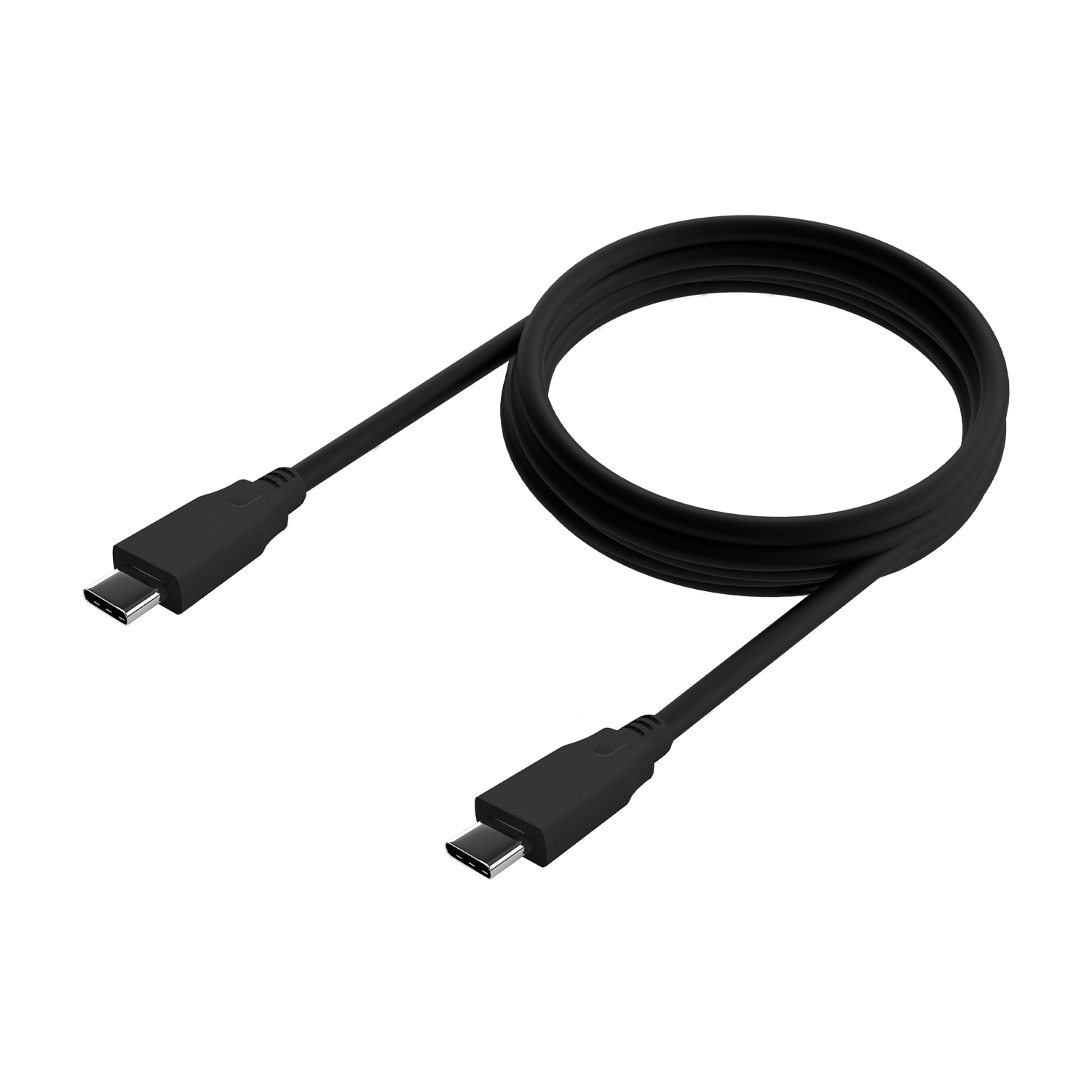 Schwarzes USB-C-Kabel, auf weißem Hintergrund gerollt.