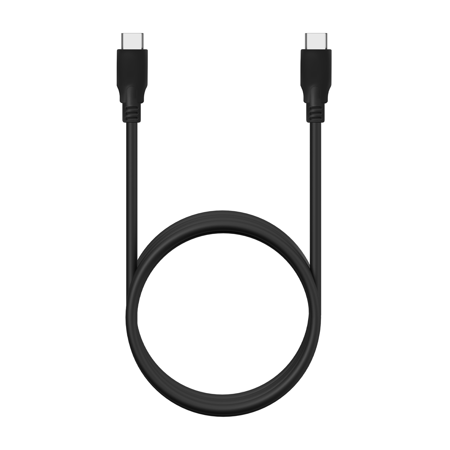 Ein schwarzes USB-C-Kabel. Der Hintergrund ist weiß. Das Kabel hat eine U-Form. Beide Enden sind deutlich sichtbar.