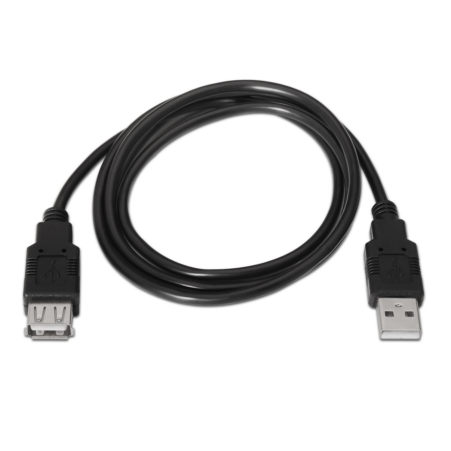 Cavo nero da USB a USB-A, arrotolato, su sfondo bianco.