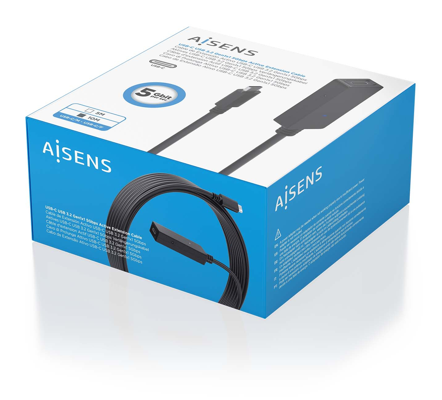 Confezione del cavo di estensione attivo USB-C 3.2 Gen1 5Gbps. Bianco e blu.