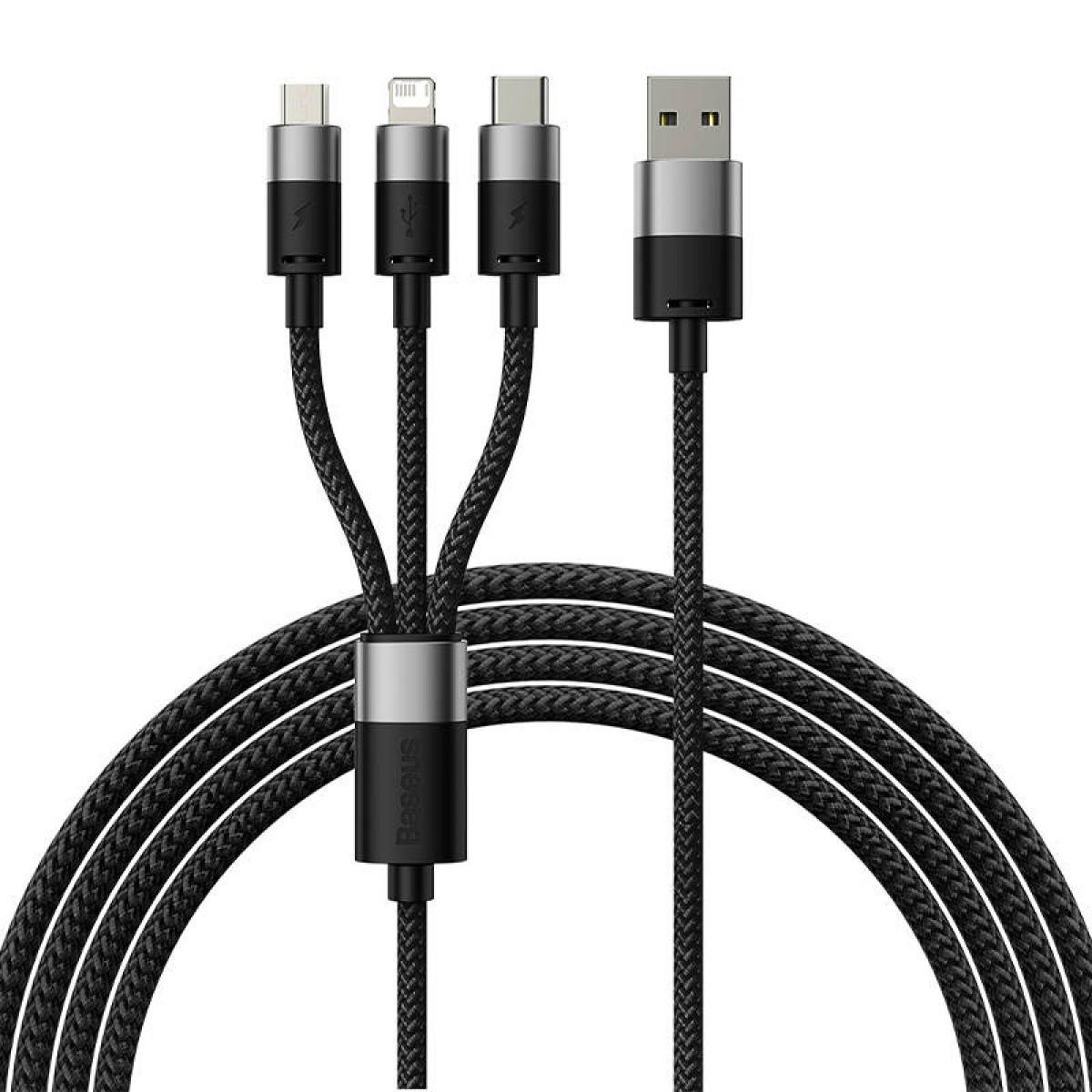 Czarne kable USB z wieloma złączami: USB-C, Lightning, USB-C i USB-A. Pleciony kabel.