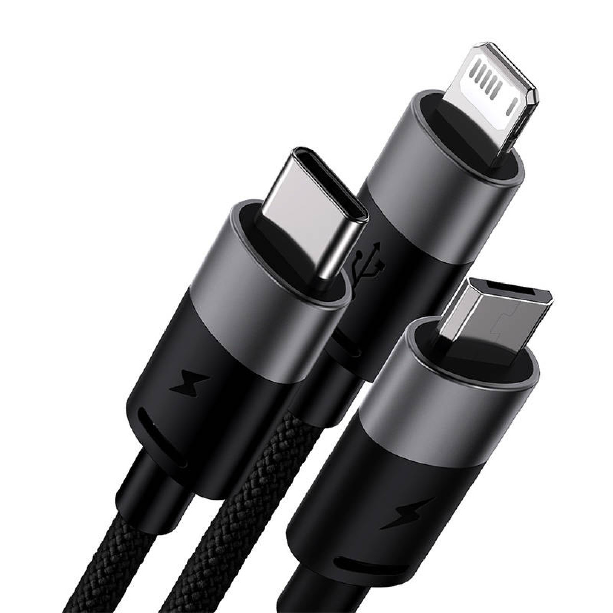 Trzy czarne kable ładujące, z różnymi typami złączy: USB-C, Lightning i Micro-USB, na białym tle.