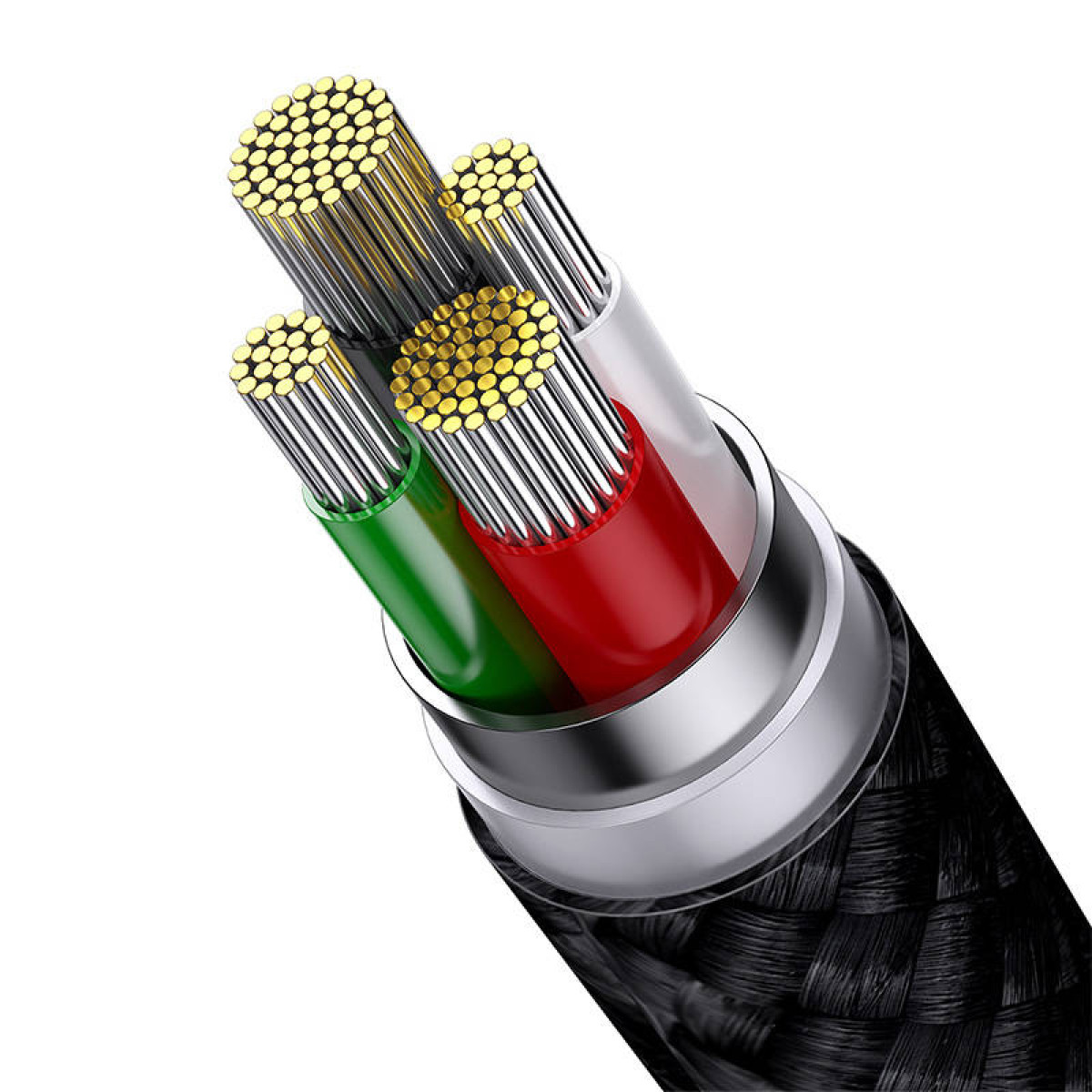 Zbliżenie przeciętego kabla USB, pokazujące kolorowe przewody i metalowe przewodniki.