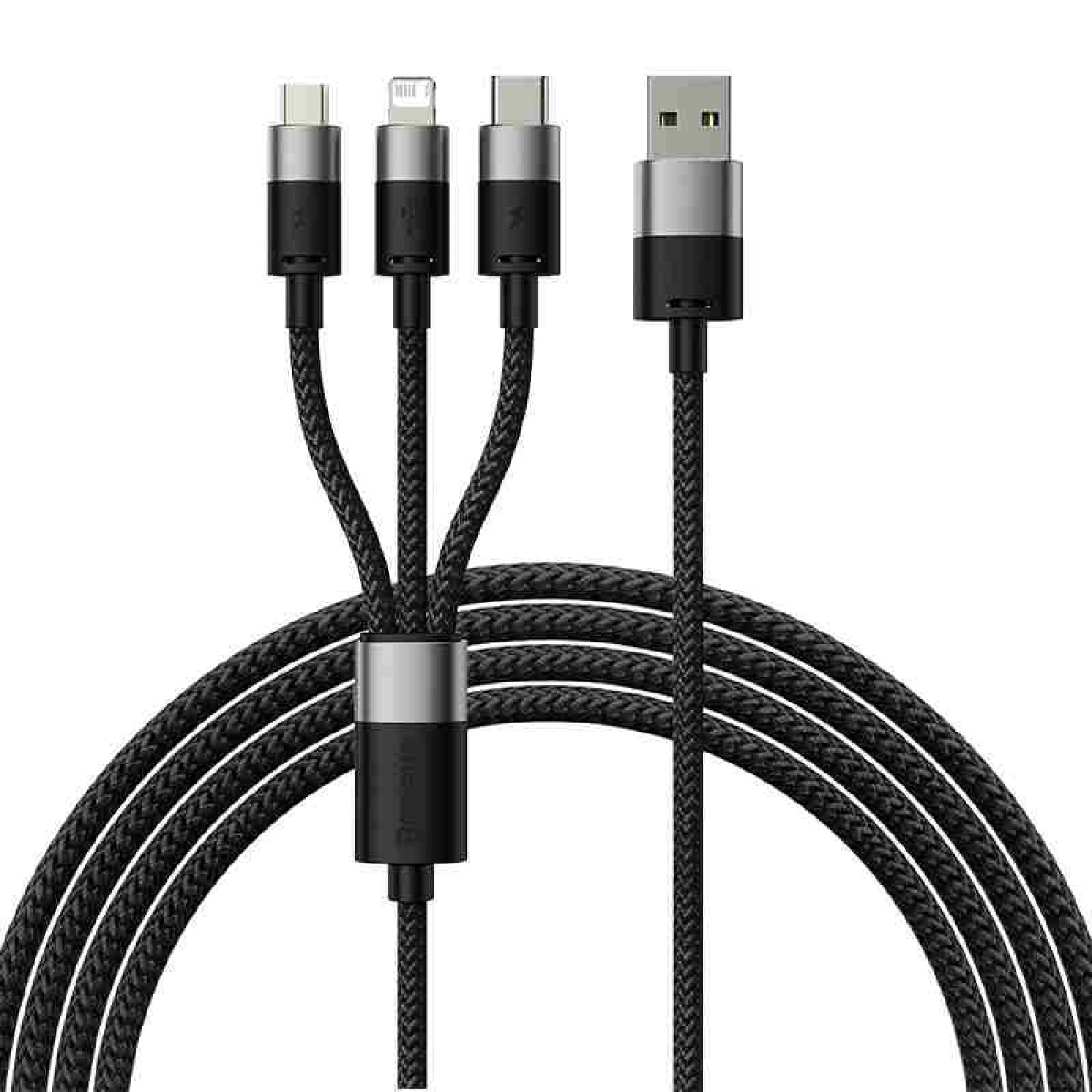Ein aufgerolltes schwarzes Ladekabel mit verschiedenen Anschlusstypen: USB, USB-C und Lightning.