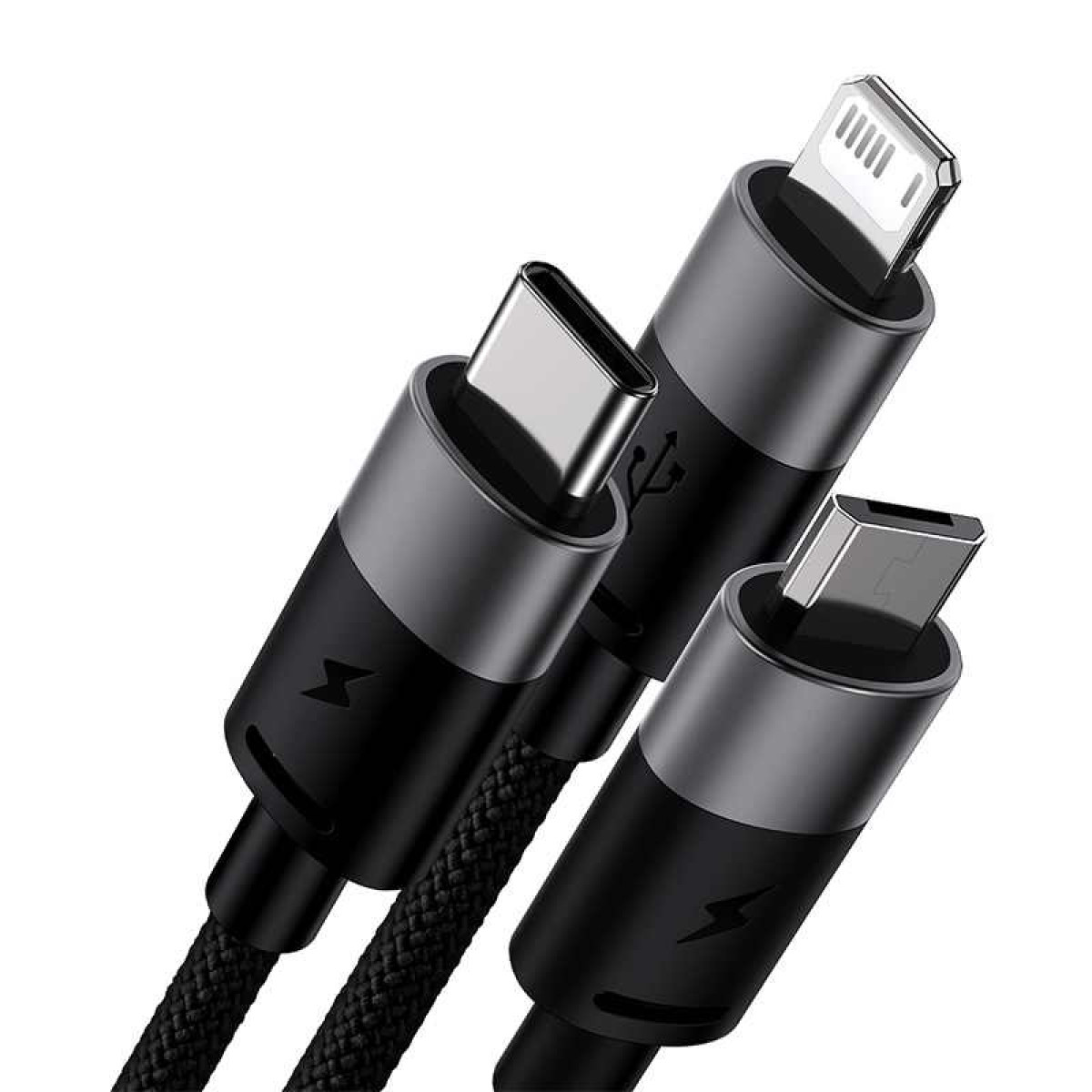 Nahaufnahme von schwarzen Ladekabeln mit USB-C- und Lightning-Anschlüssen.