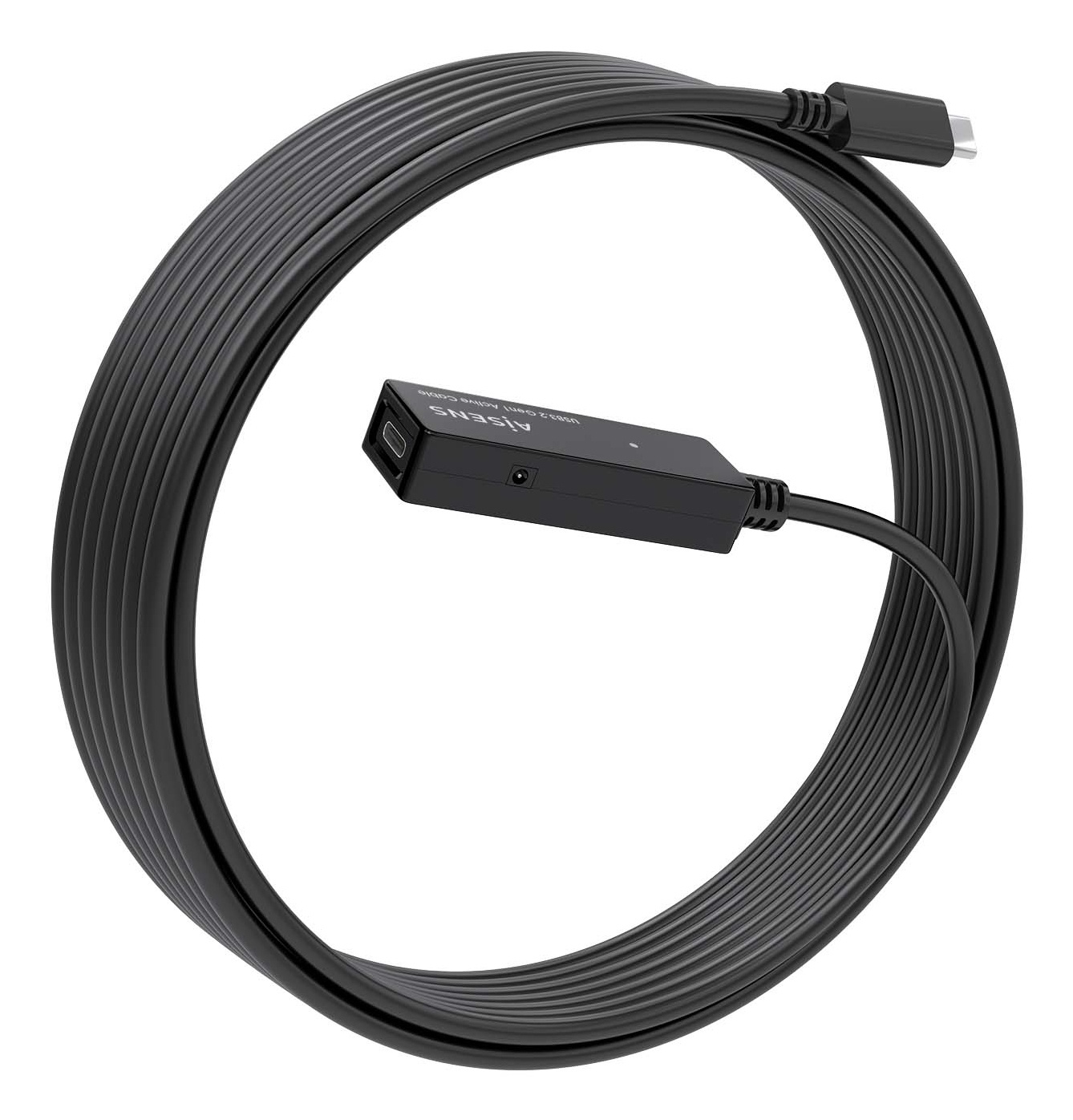 Cavo USB nero arricciato, con porta micro USB e scatola rettangolare nera.