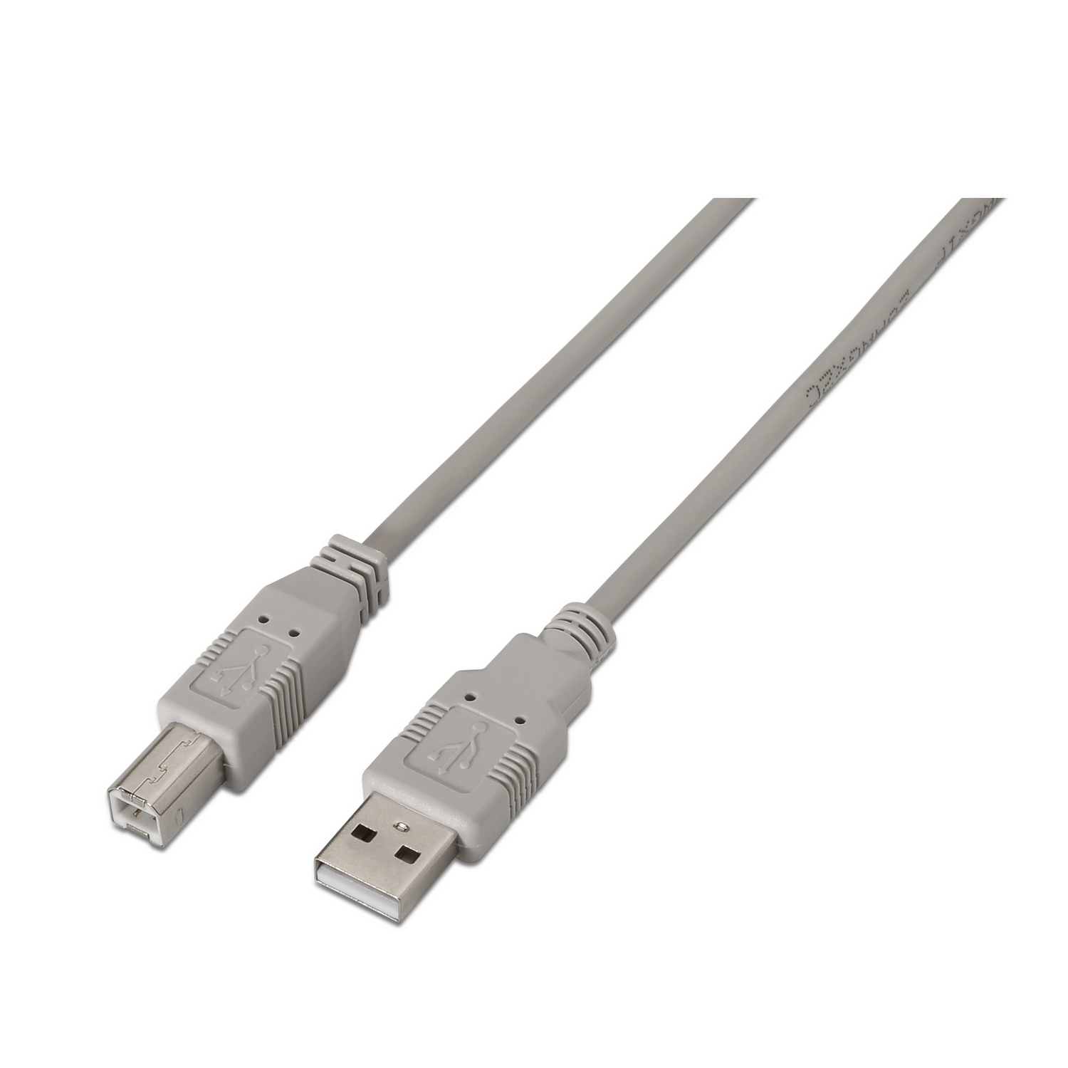 Cable USB gris, con USB y otro conector, sobre fondo blanco.